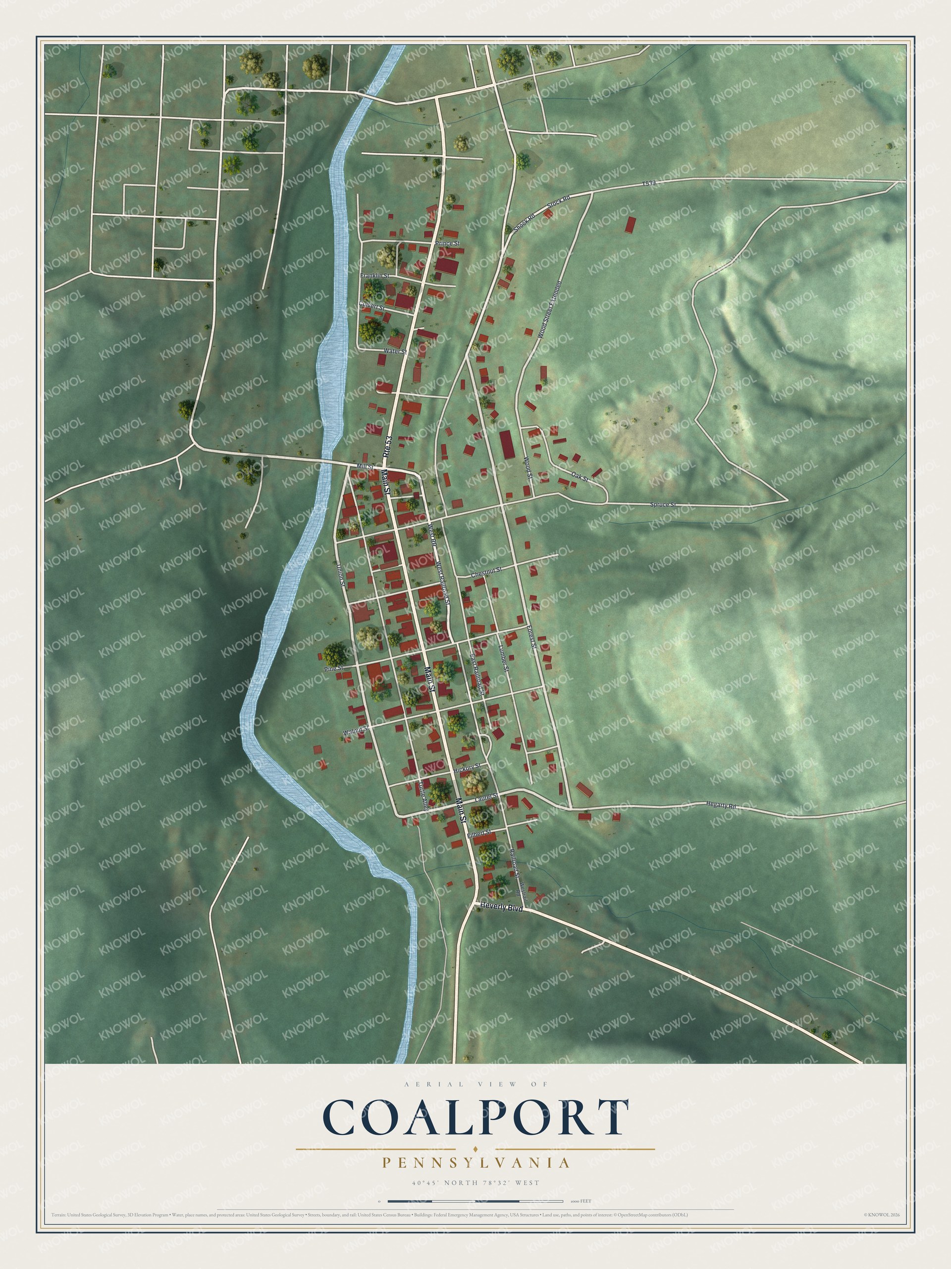 Full map of Coalport, Pennsylvania, with red buildings, printed street names and the land around them