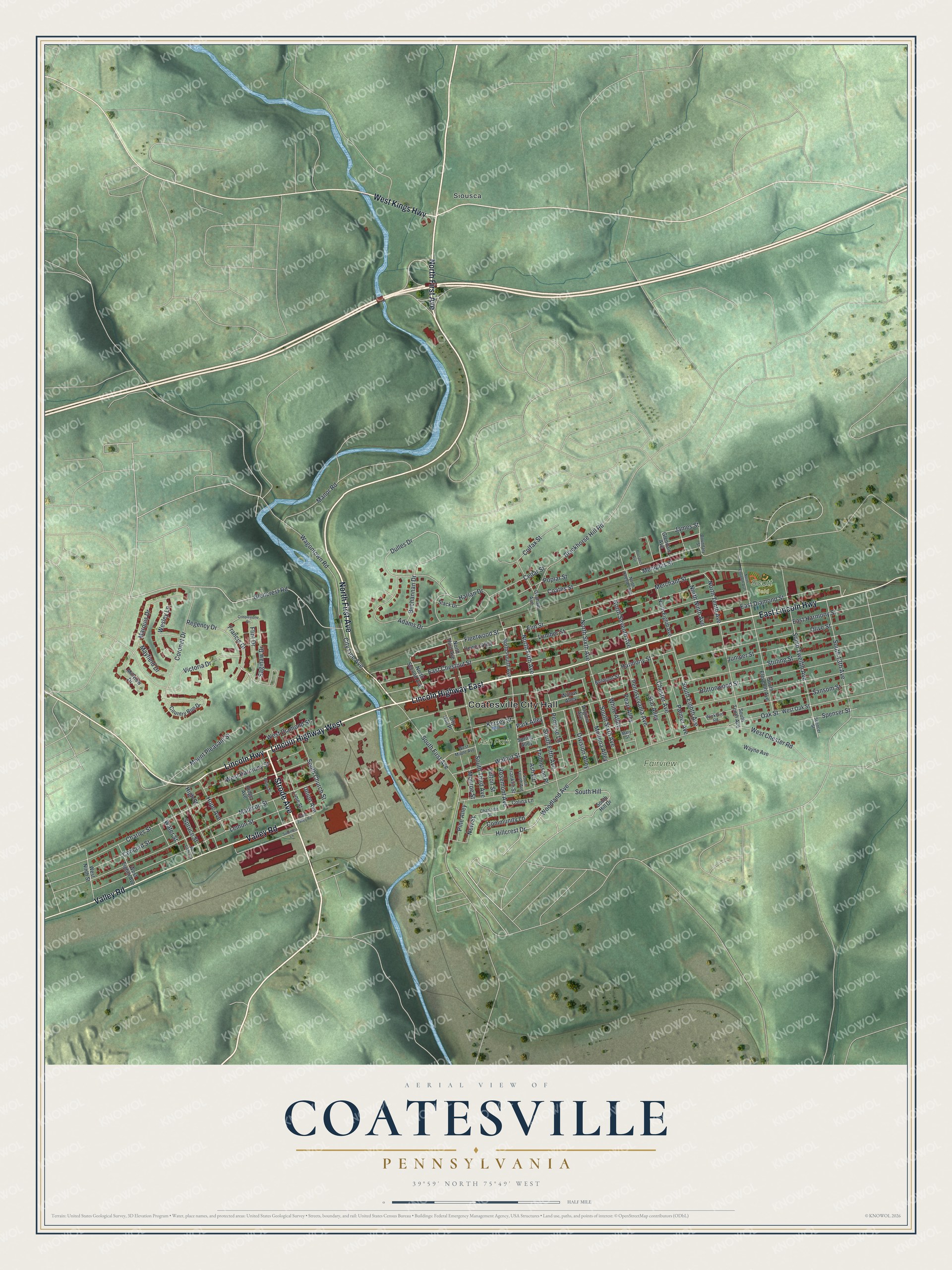 Full map of Coatesville, Pennsylvania, with red buildings, printed street names and the land around them