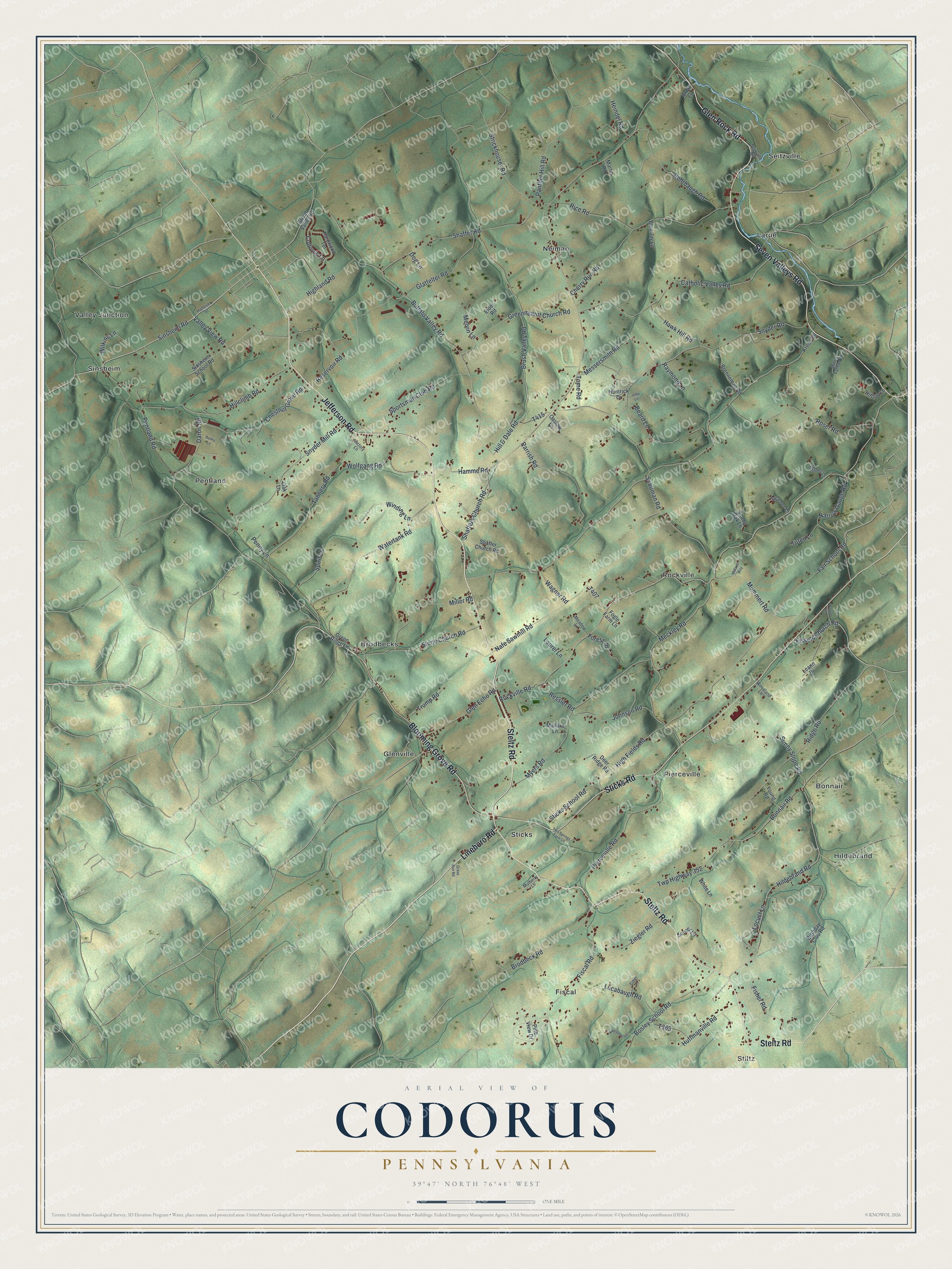 Full map of Codorus, Pennsylvania, with red buildings, printed street names and the land around them