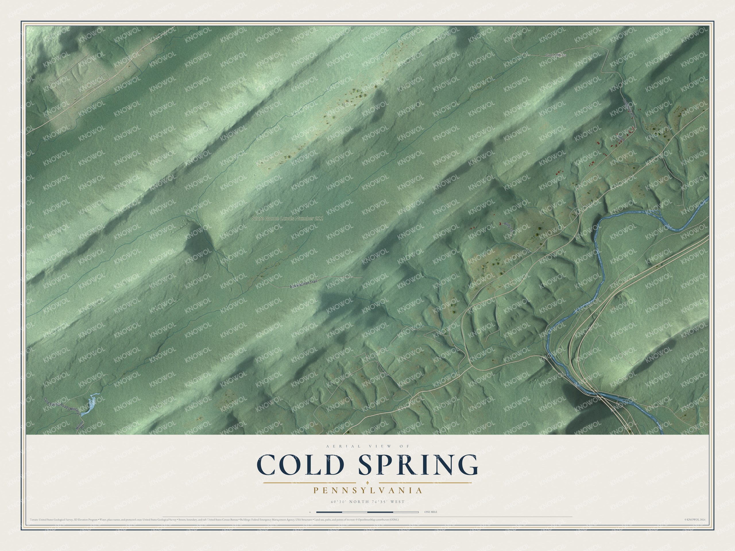 Full map of Cold Spring, Pennsylvania, with red buildings, printed street names and the land around them