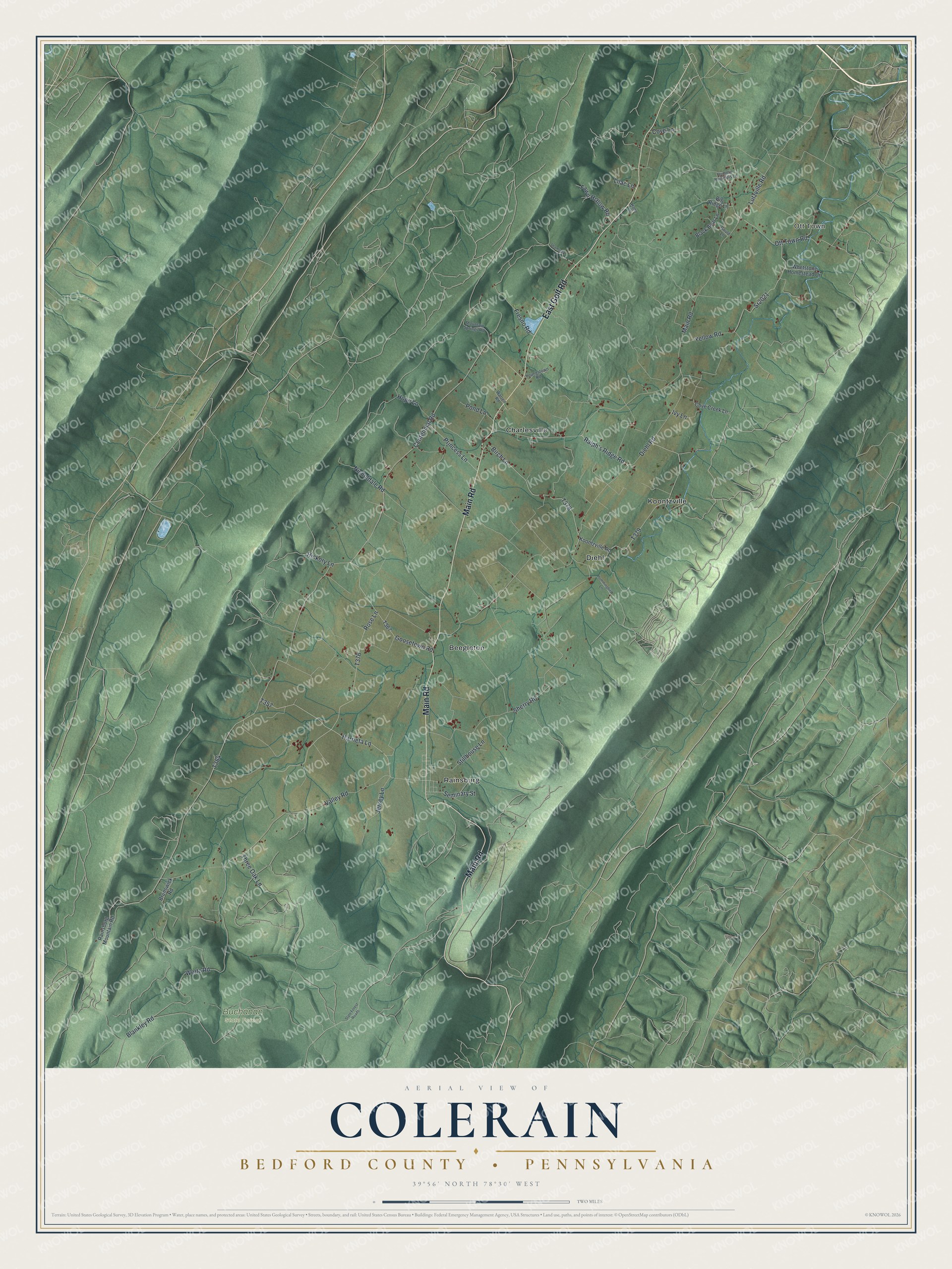Full map of Colerain, Bedford County, Pennsylvania, with red buildings, printed street names and the land around them