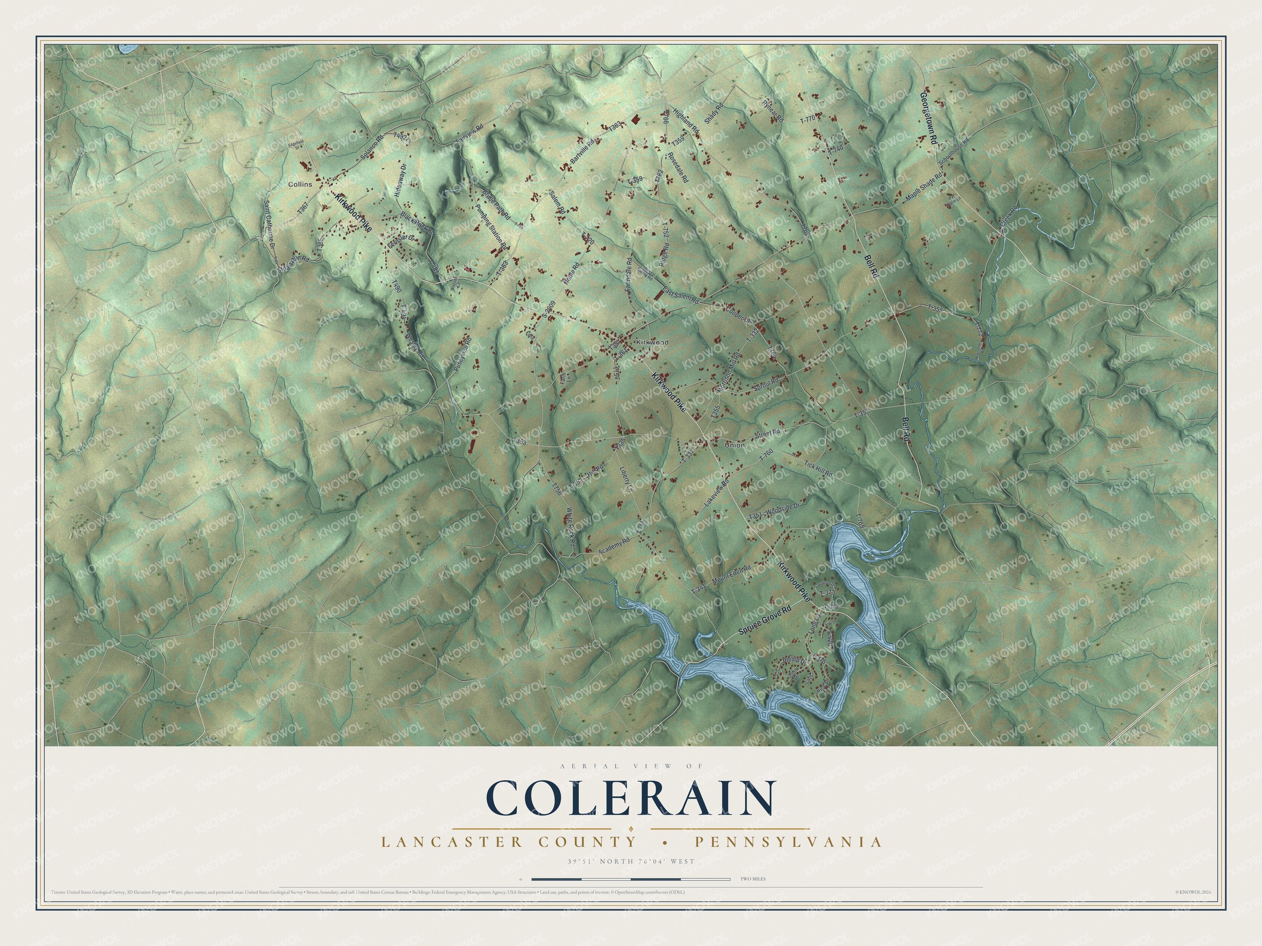 Full map of Colerain, Lancaster County, Pennsylvania, with red buildings, printed street names and the land around them