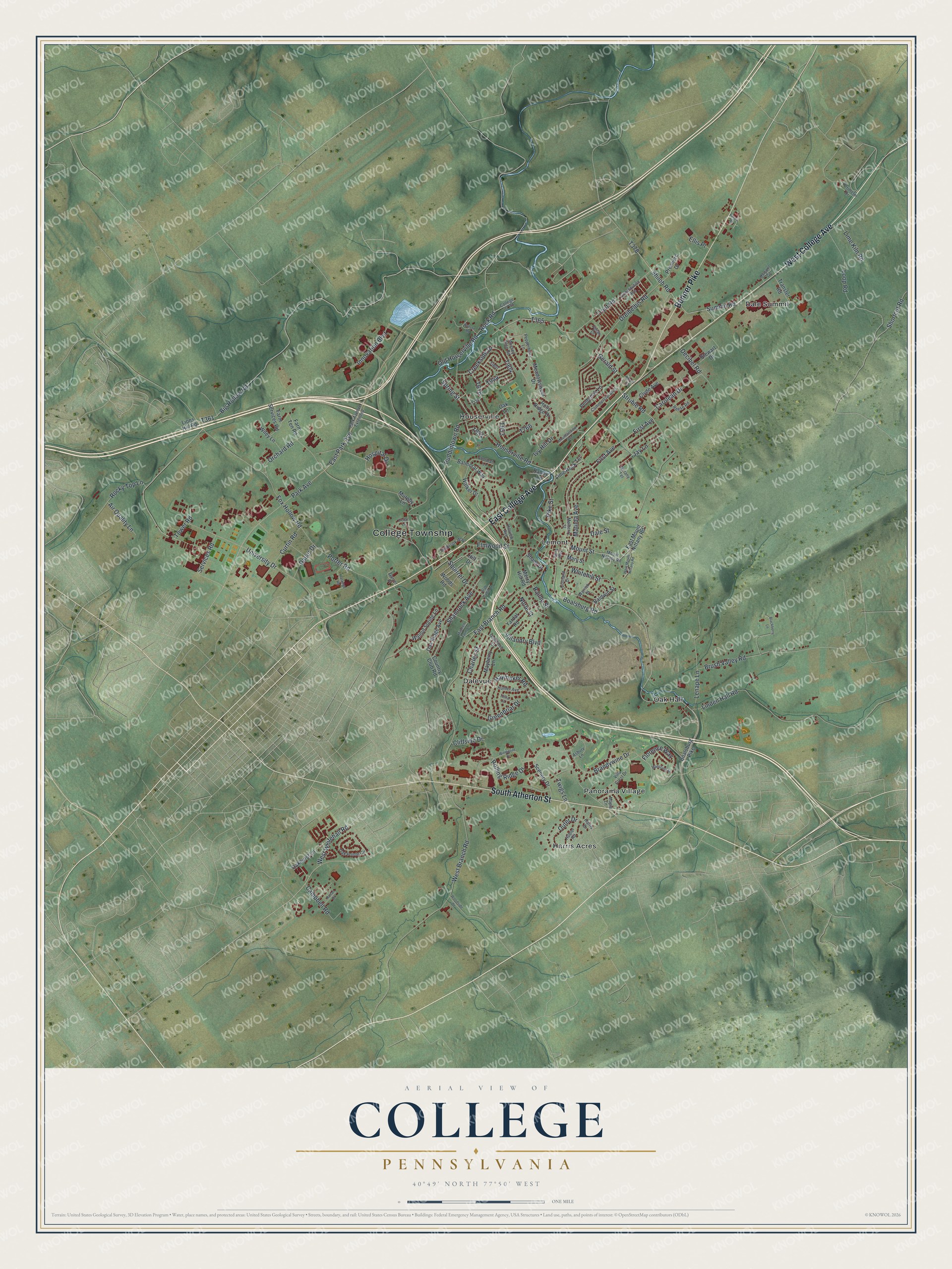 Aerial view map of College Township, Pennsylvania, with green hills, red buildings and a blue creek winding past Lemont