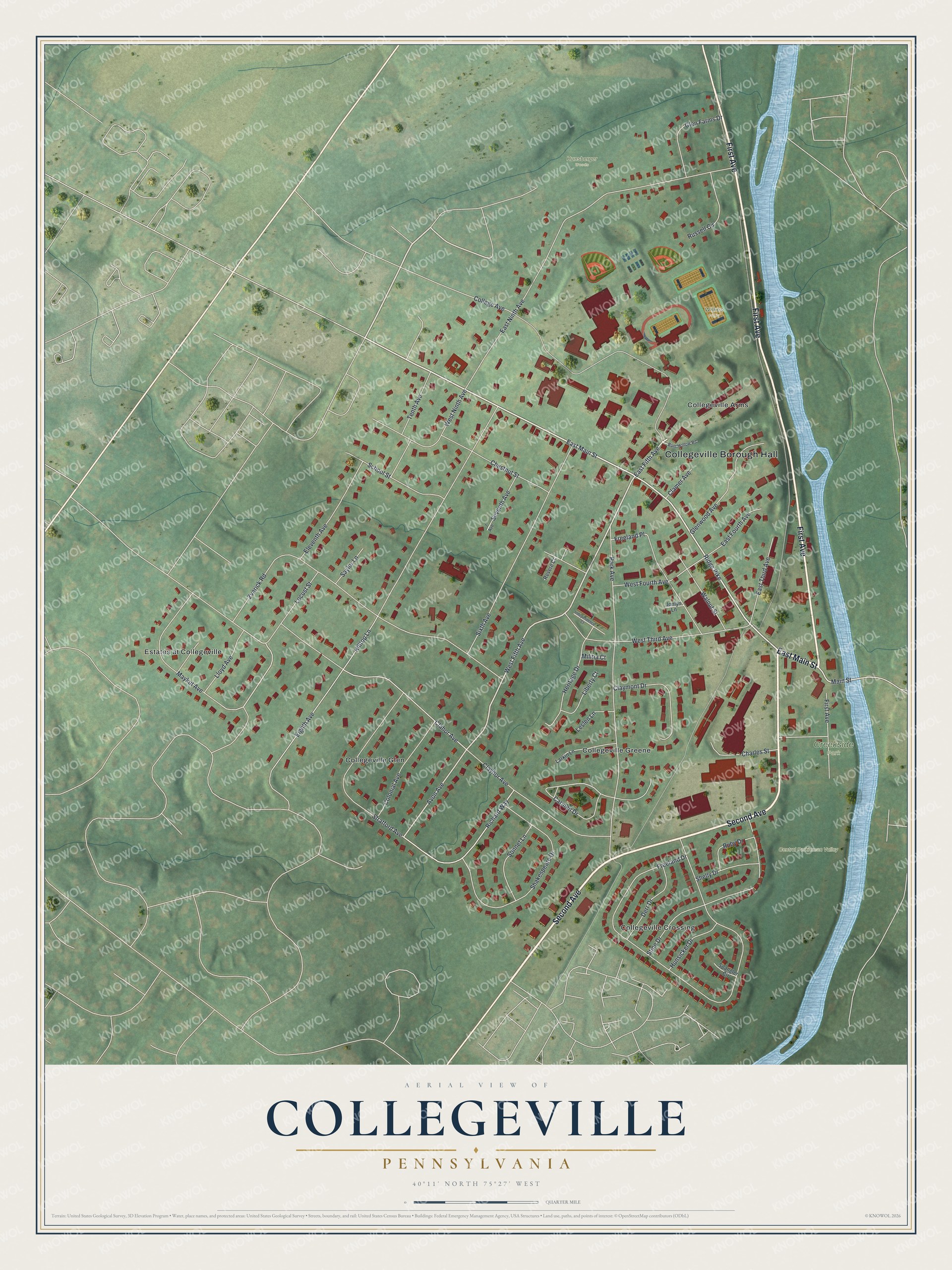 Full map of Collegeville, Pennsylvania, with red buildings, printed street names and the land around them