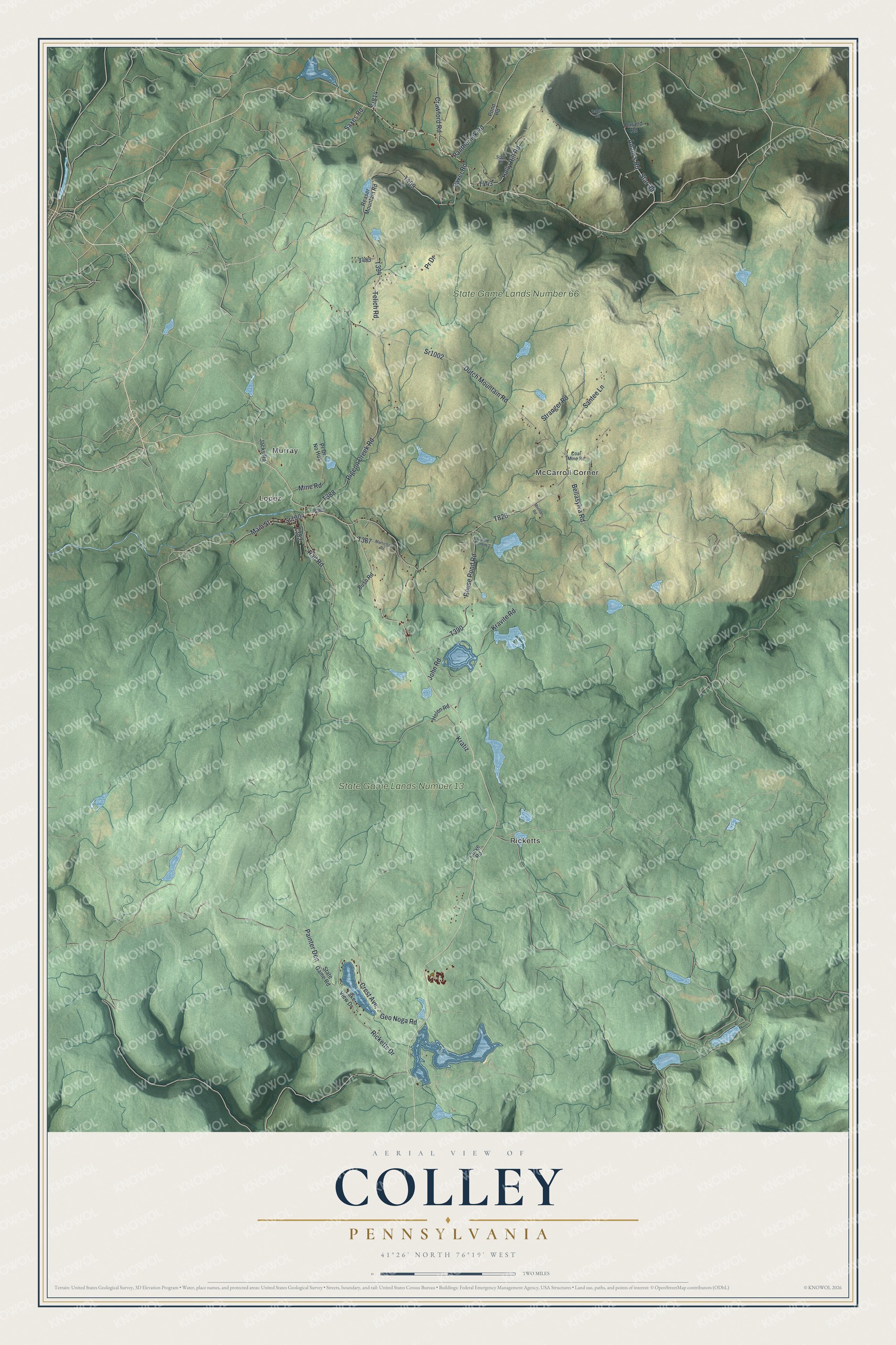 Full map of Colley, Pennsylvania, with red buildings, printed street names and the land around them