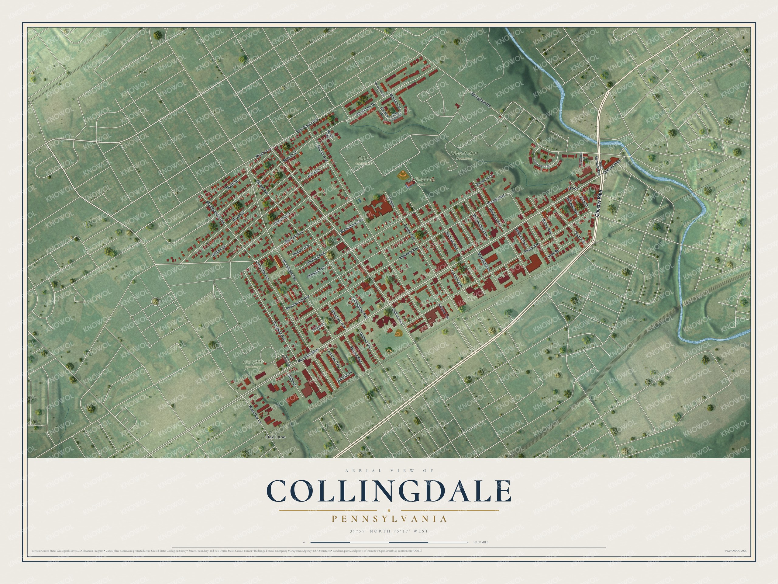 Aerial view map of Collingdale, Pennsylvania with red buildings on green land, a blue creek and a cream title panel