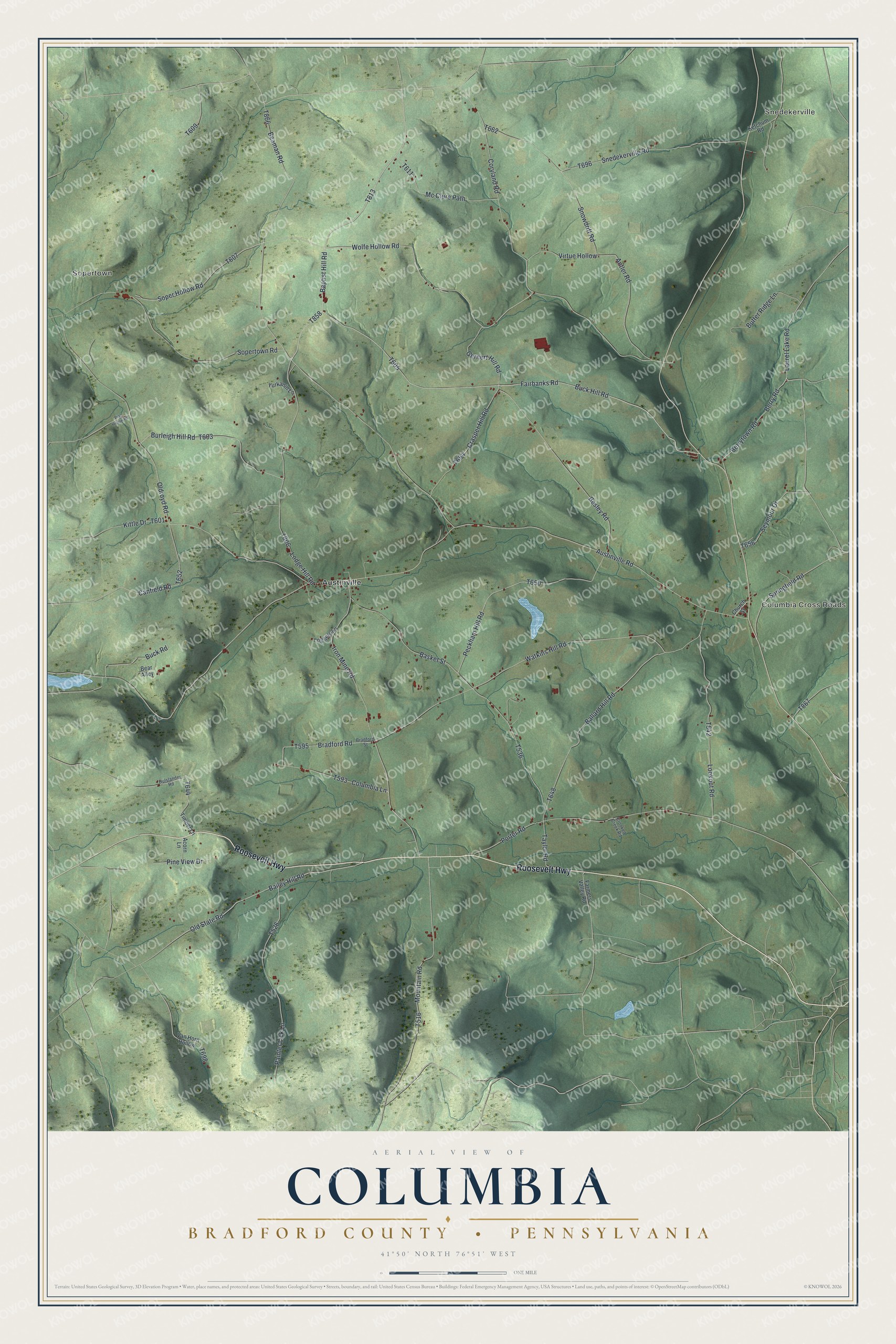 Full map of Columbia, Bradford County, Pennsylvania, with red buildings, printed street names and the land around them