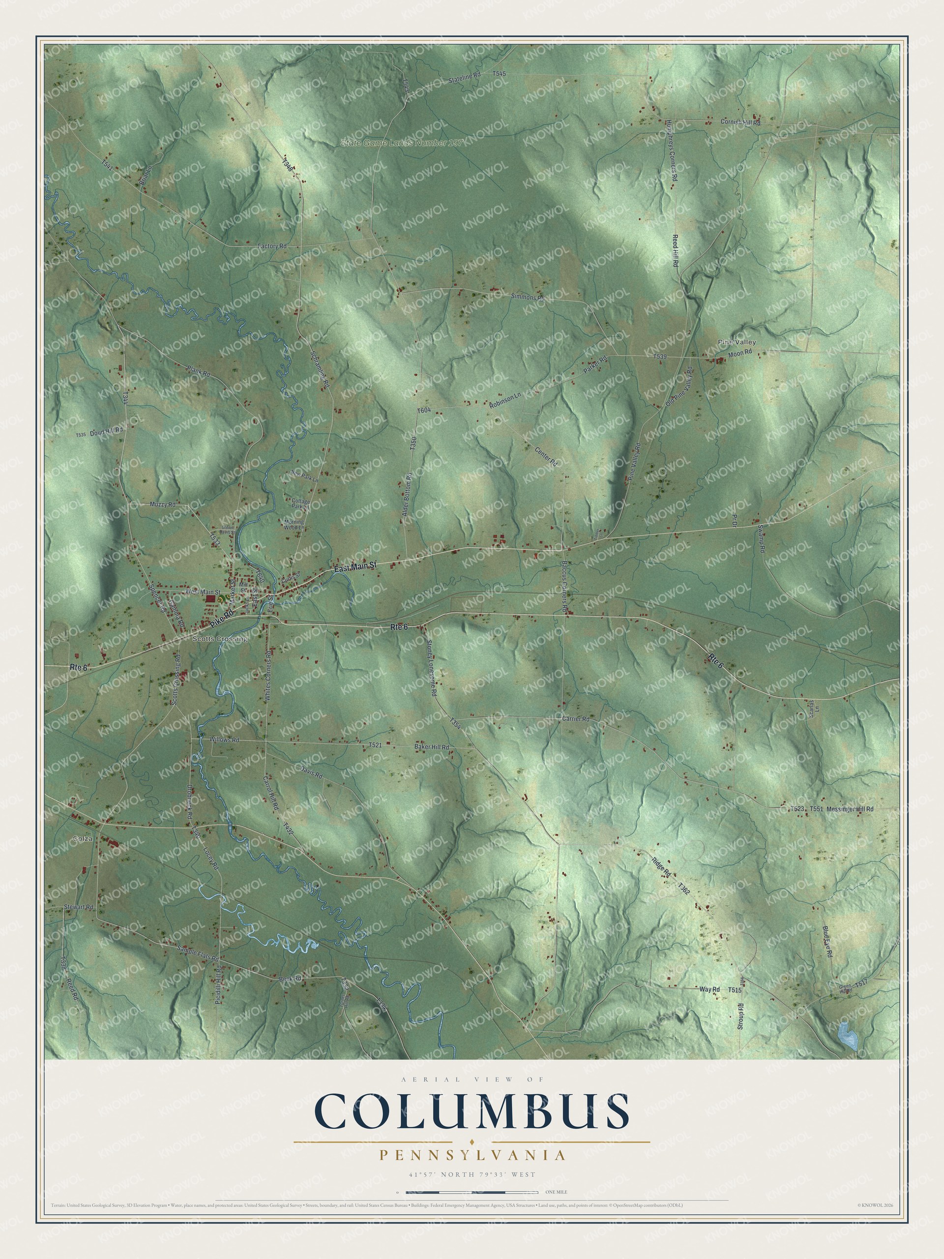 Full map of Columbus, Pennsylvania, with red buildings, printed street names and the land around them