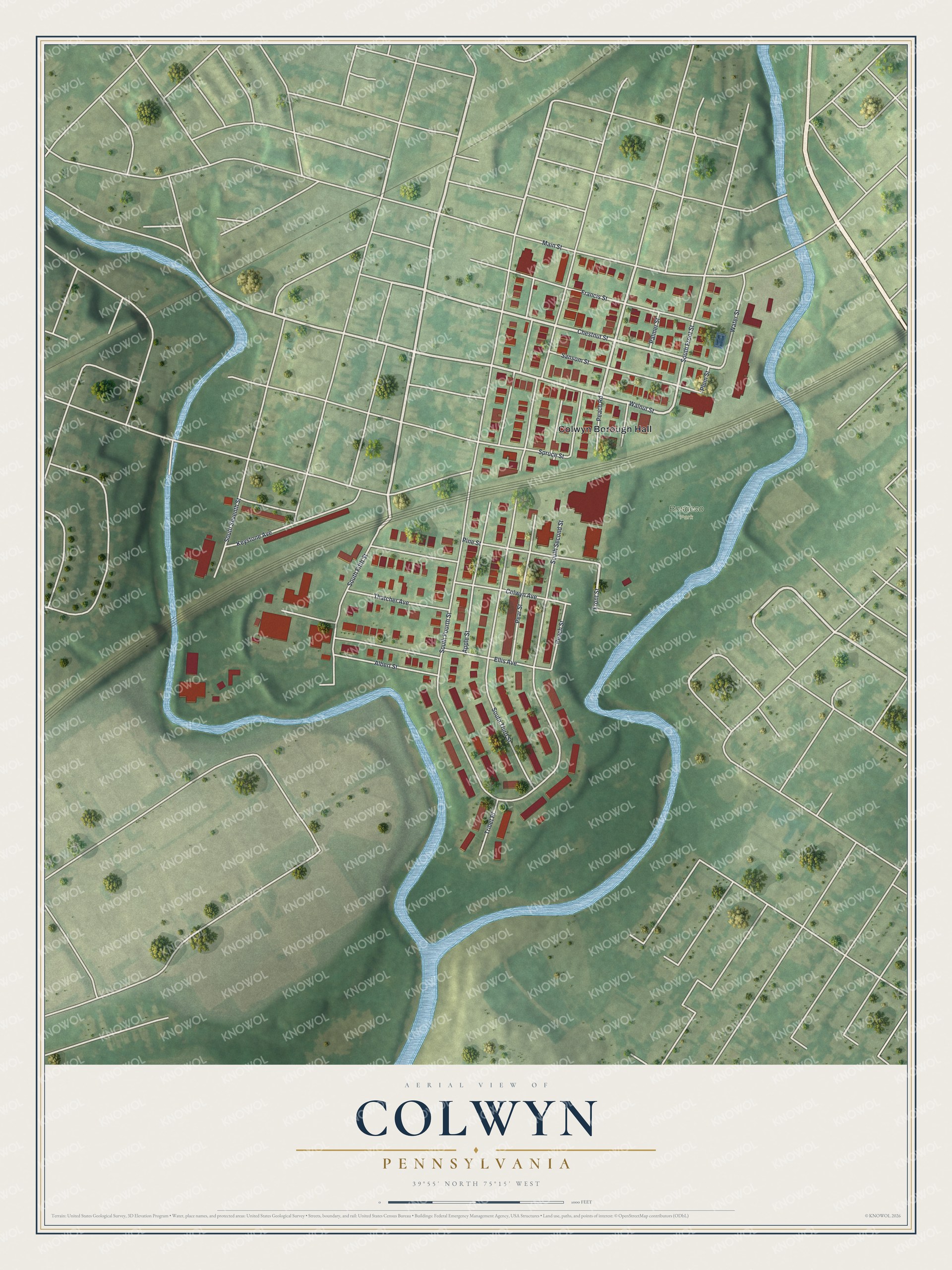 Aerial-style map of Colwyn, Pennsylvania, with red buildings between two blue creeks and a rail line crossing town