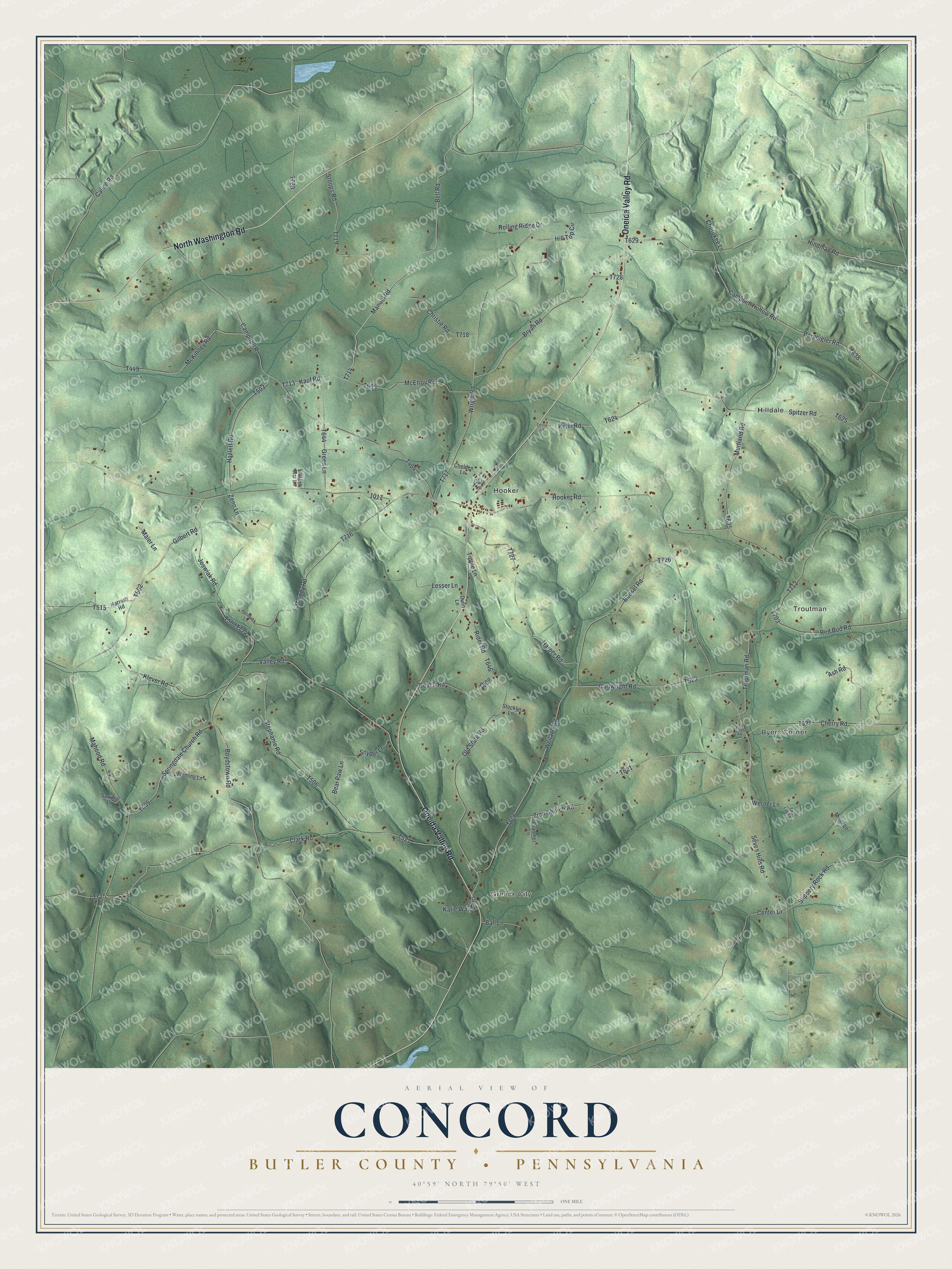 Full map of Concord, Butler County, Pennsylvania, with red buildings, printed street names and the land around them