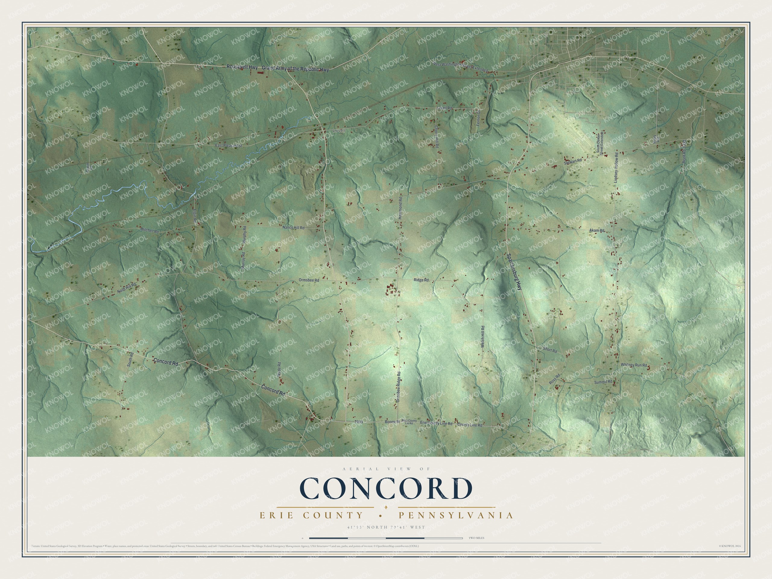 Full map of Concord, Erie County, Pennsylvania, with red buildings, printed street names and the land around them