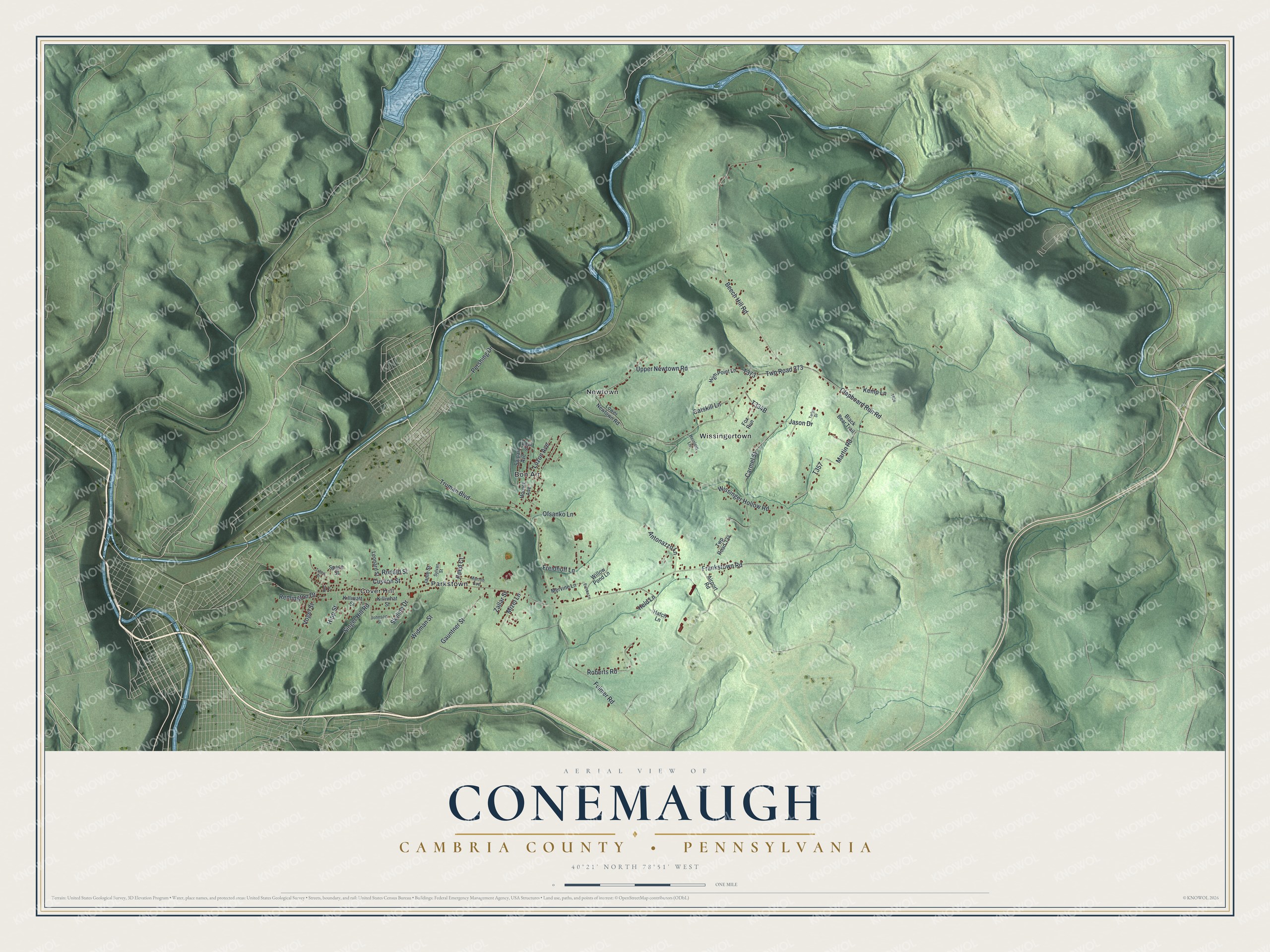 Aerial-style map of Conemaugh Township in Cambria County, Pennsylvania, with shaded green hills, a winding river and red building shapes