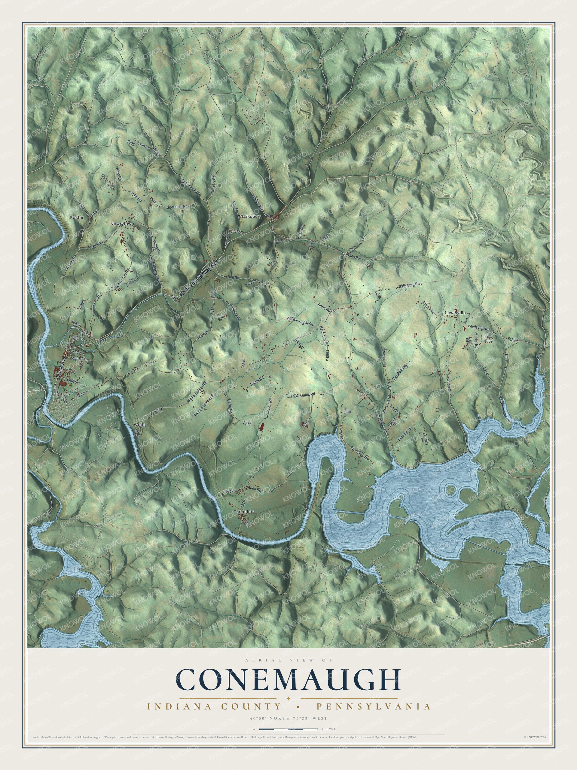 Full map of Conemaugh, Indiana County, Pennsylvania, with red buildings, printed street names and the land around them