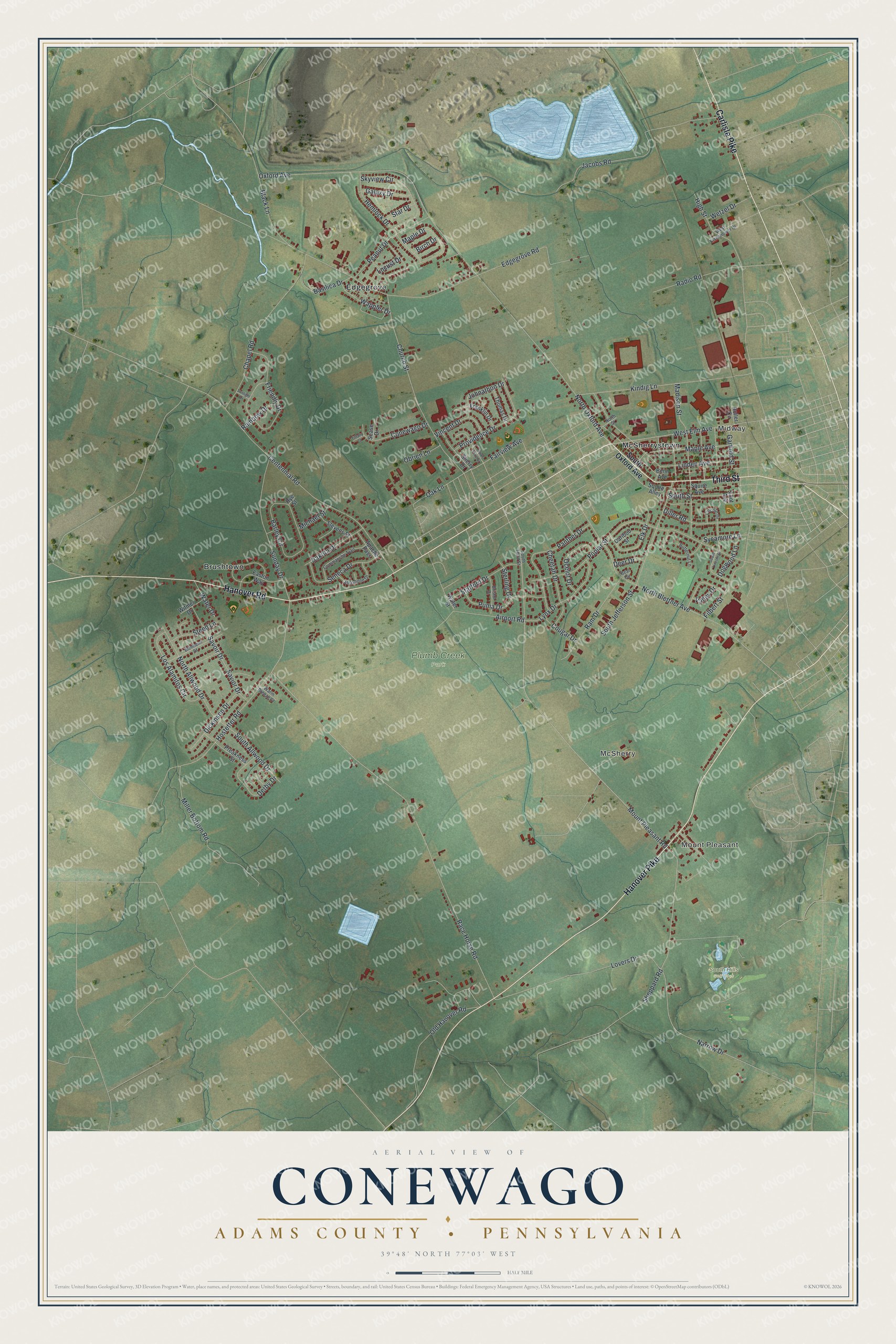 Full map of Conewago, Adams County, Pennsylvania, with red buildings, printed street names and the land around them