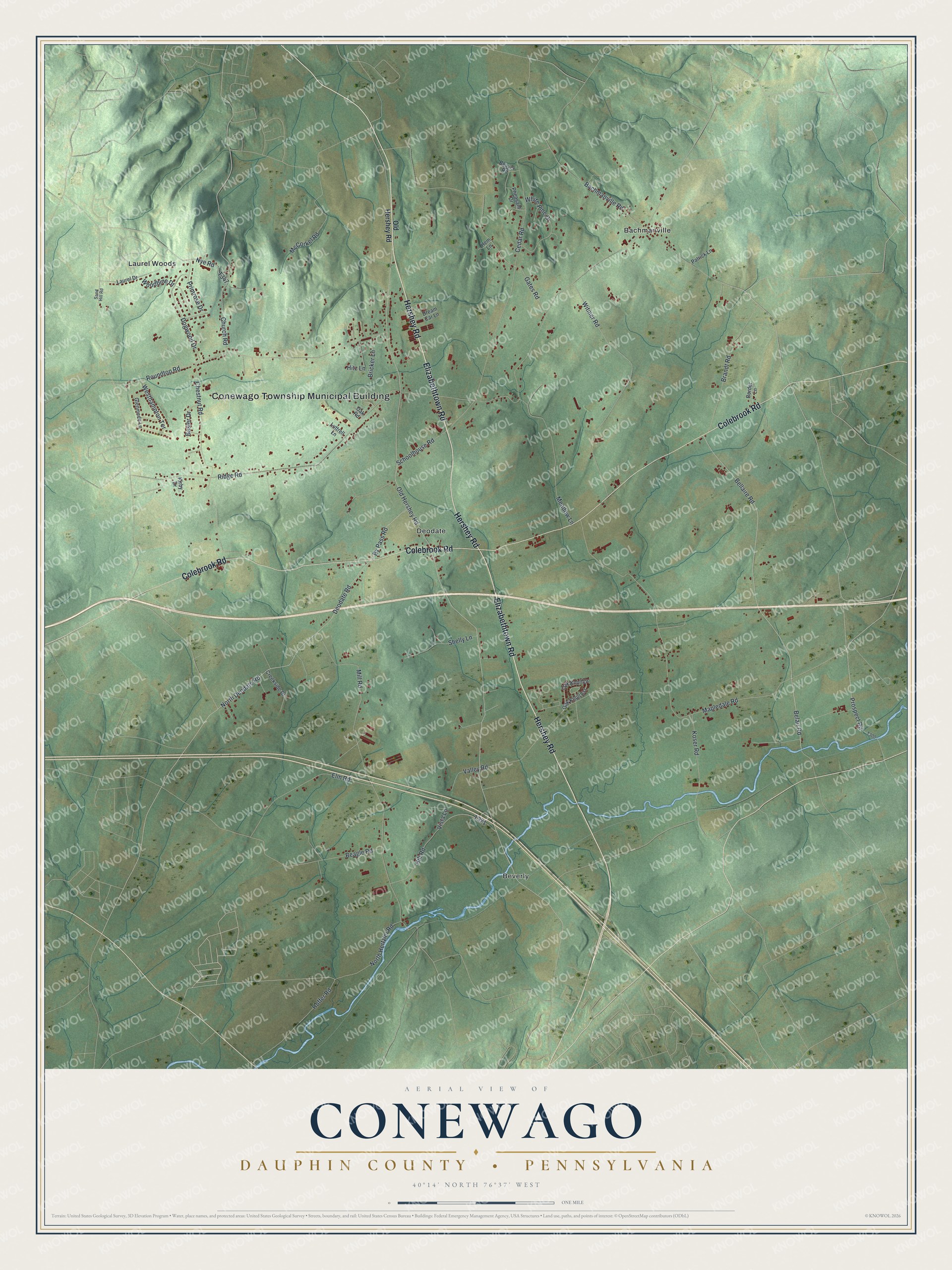 Full map of Conewago, Dauphin County, Pennsylvania, with red buildings, printed street names and the land around them
