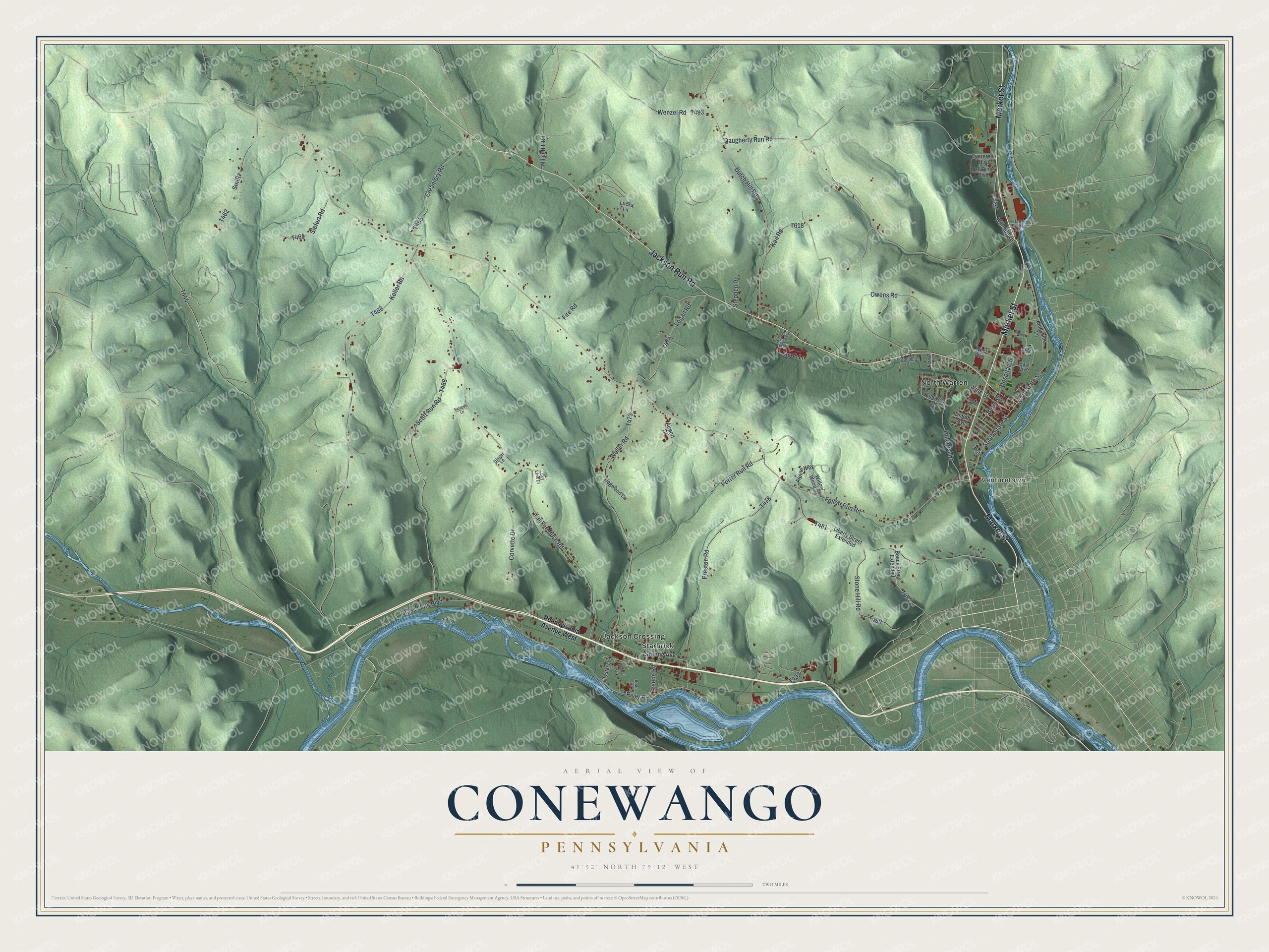 Full map of Conewango, Pennsylvania, with red buildings, printed street names and the land around them