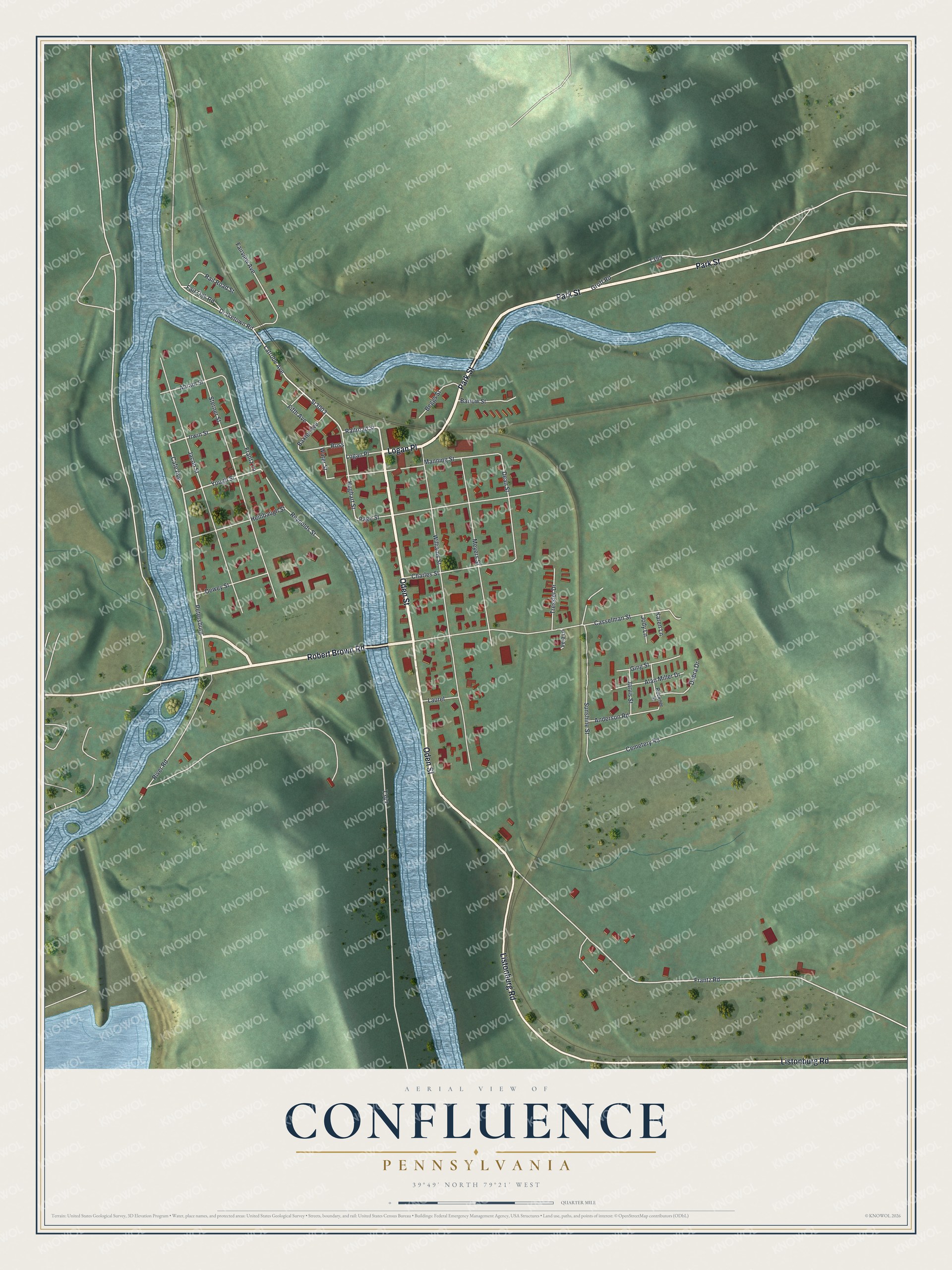 Full map of Confluence, Pennsylvania, with red buildings, printed street names and the land around them