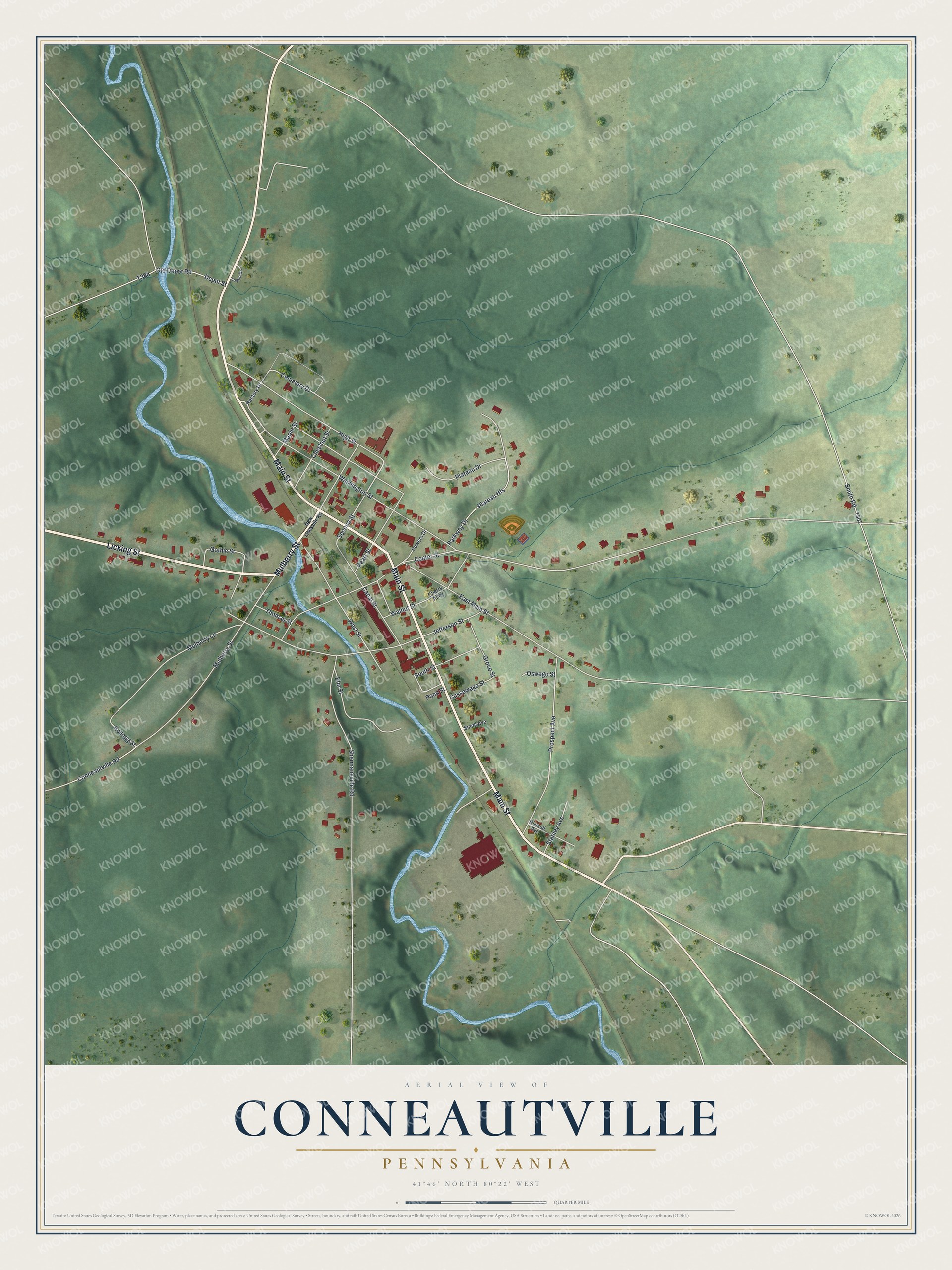 Full map of Conneautville, Pennsylvania, with red buildings, printed street names and the land around them