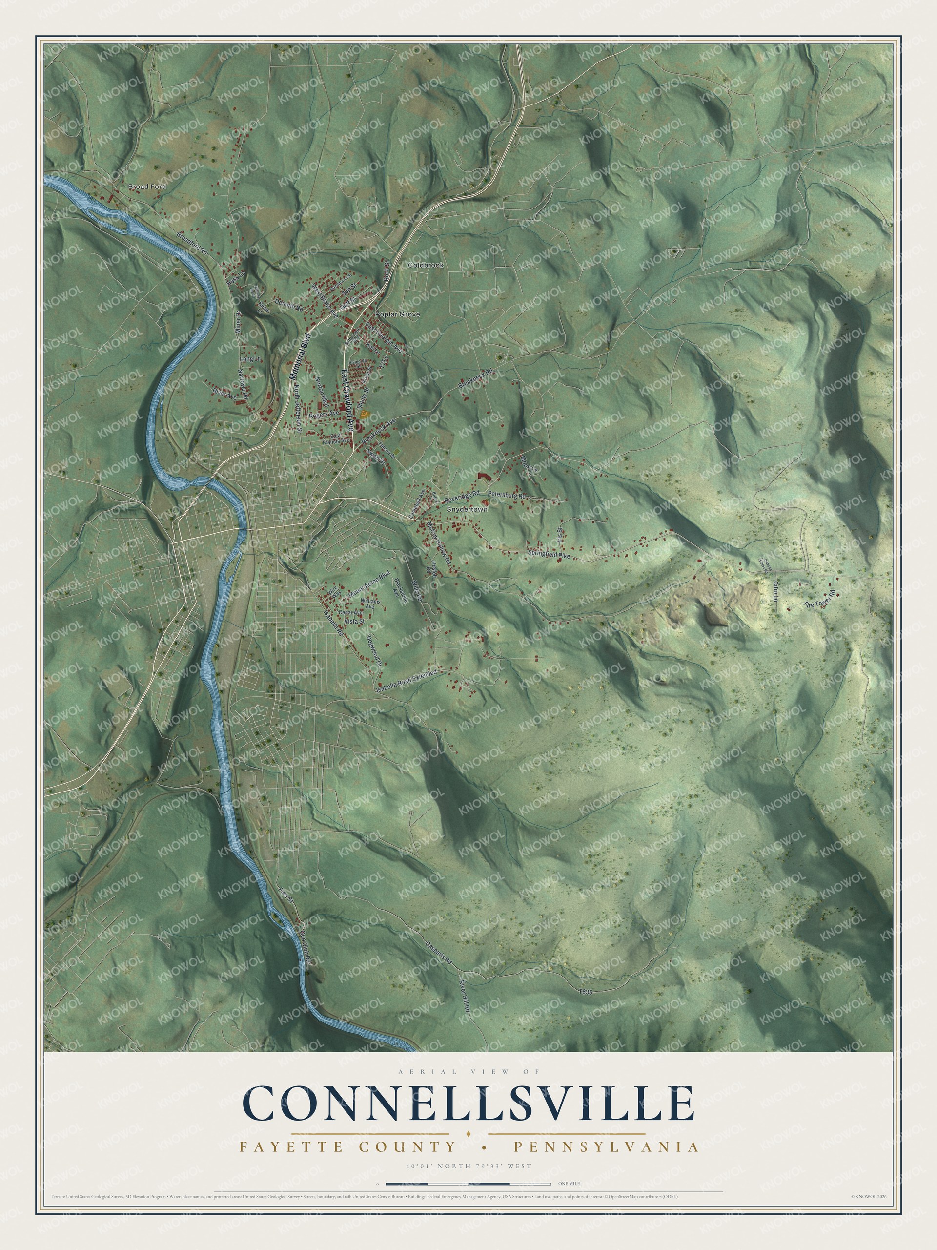 Aerial-style map of Connellsville Township in Fayette County, Pennsylvania, with a blue river, shaded hills and red buildings
