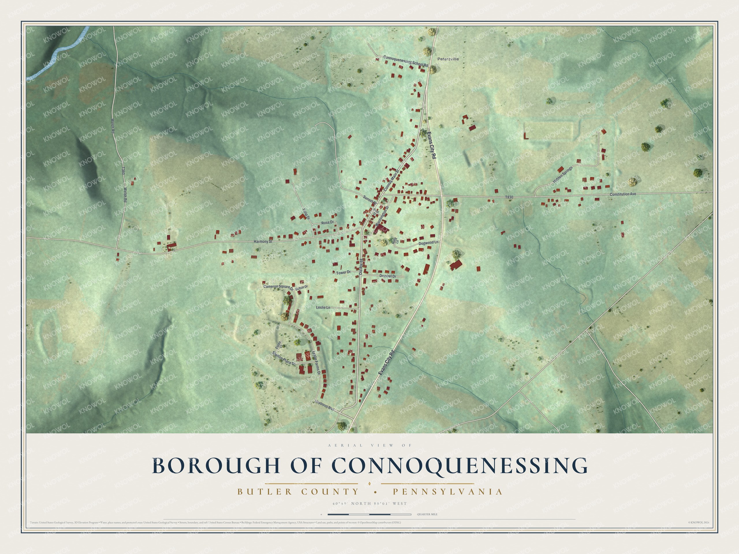 Full map of Connoquenessing Borough, Pennsylvania, with red buildings, printed street names and the land around them