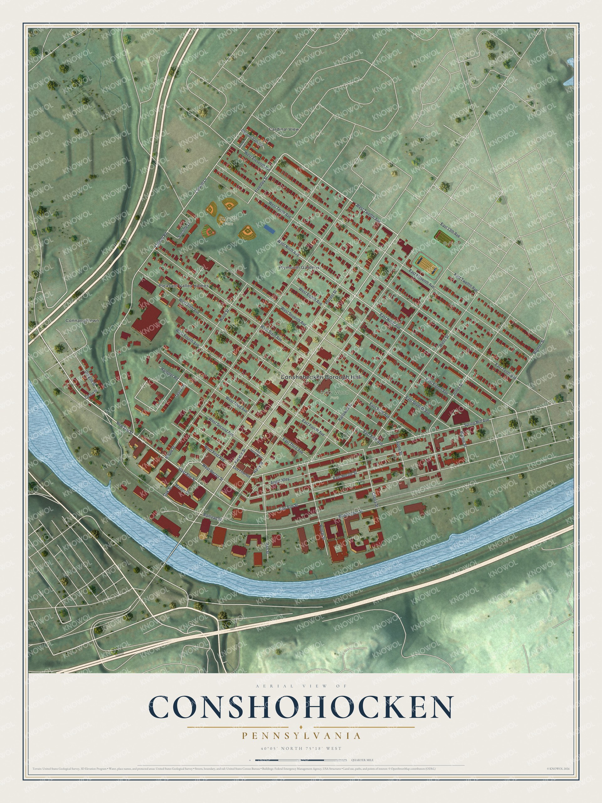 Full map of Conshohocken, Pennsylvania, with red buildings, printed street names and the land around them