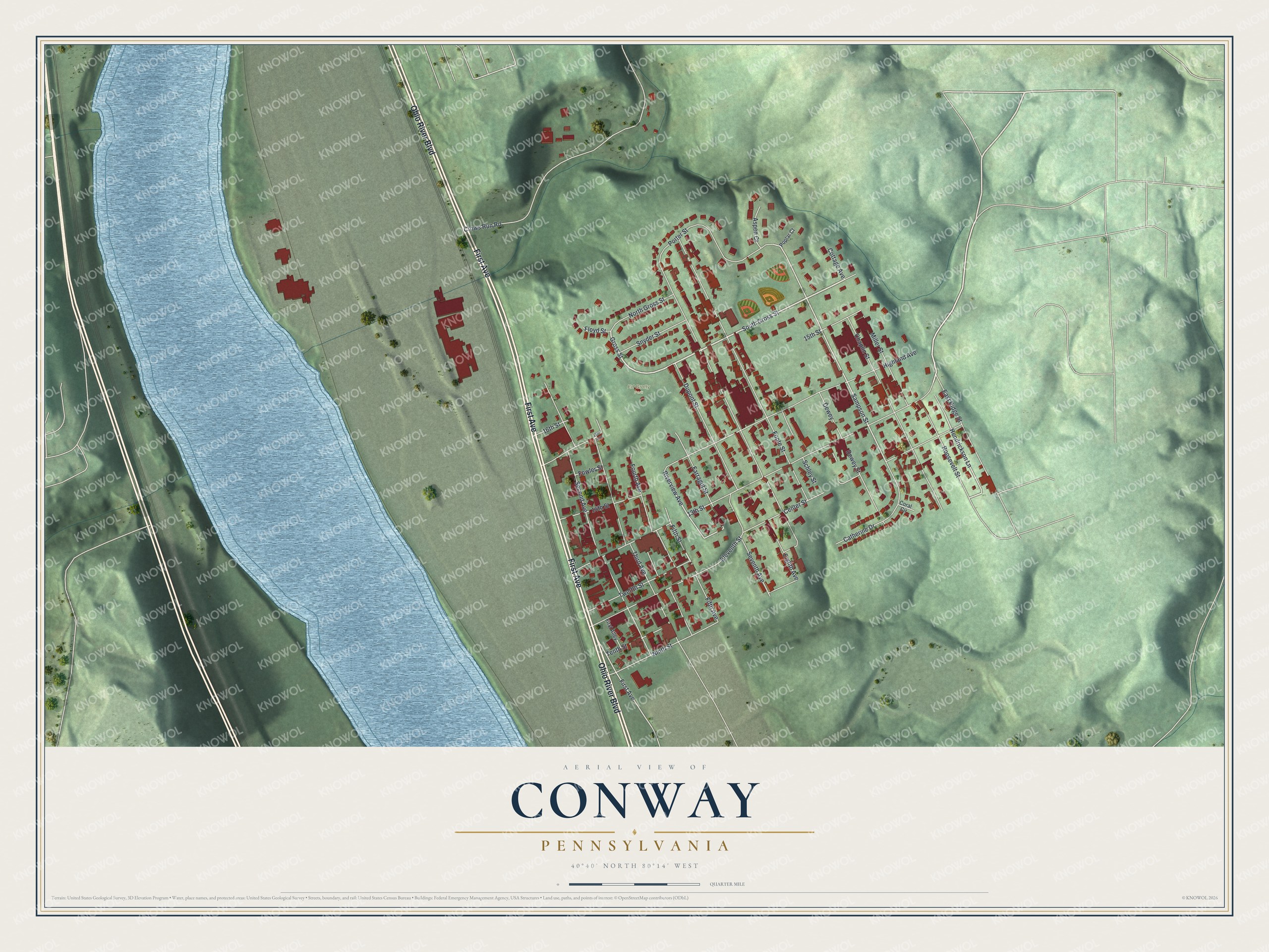 Full map of Conway, Pennsylvania, with red buildings, printed street names and the land around them