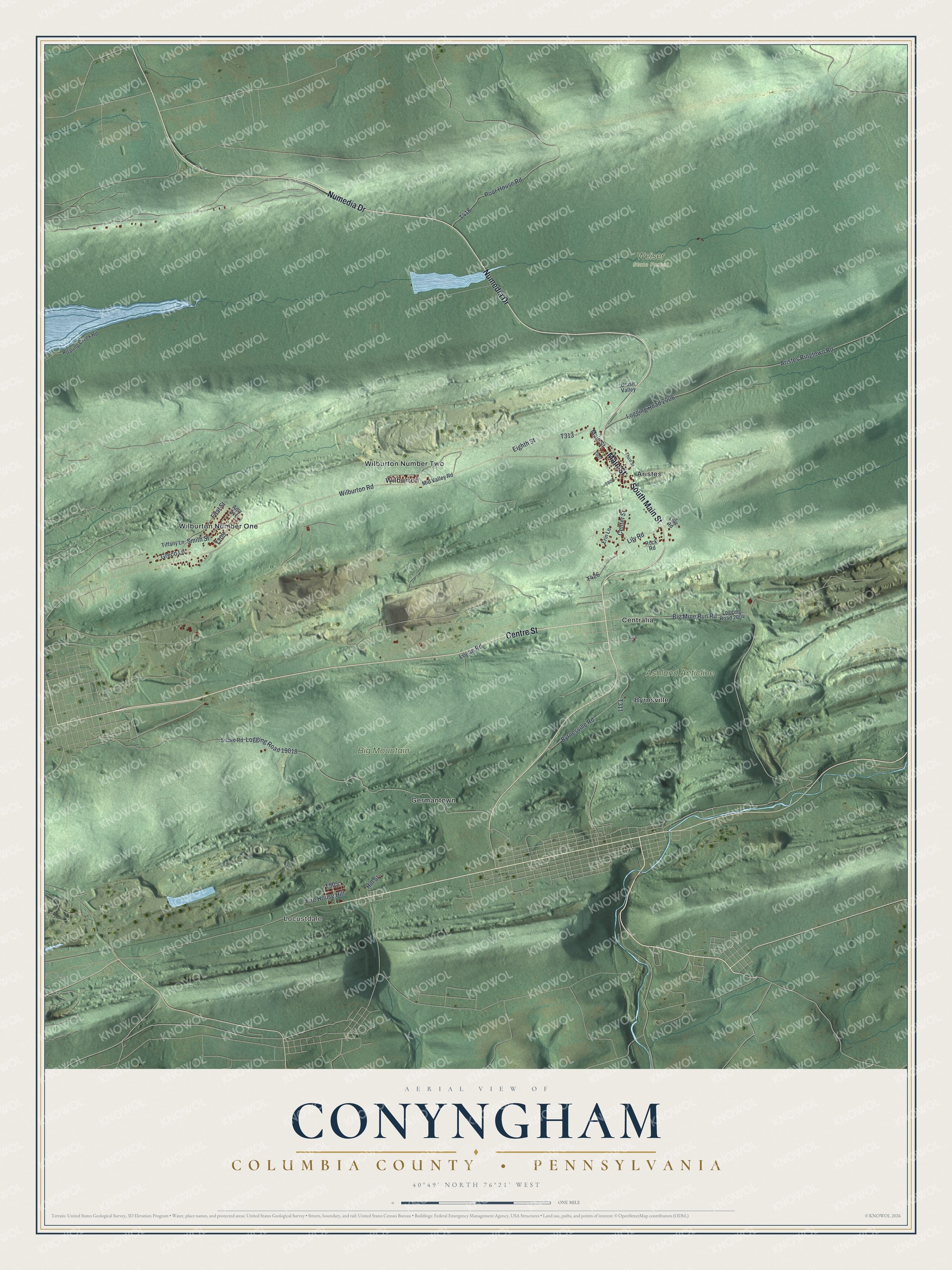 Full map of Conyngham, Columbia County, Pennsylvania, with red buildings, printed street names and the land around them