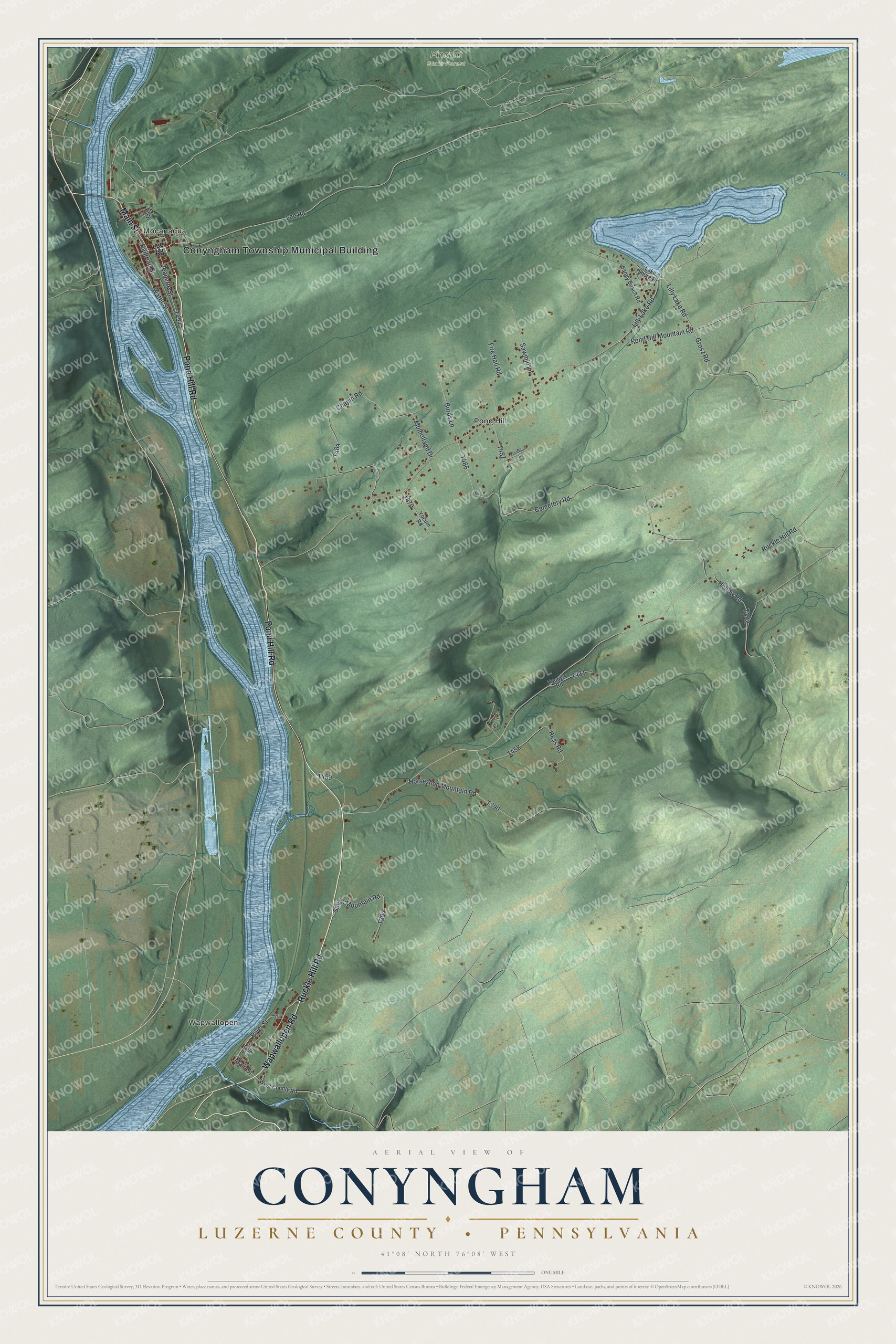 Full map of Conyngham Township, Luzerne County, Pennsylvania, with red buildings, printed street names and the land around them