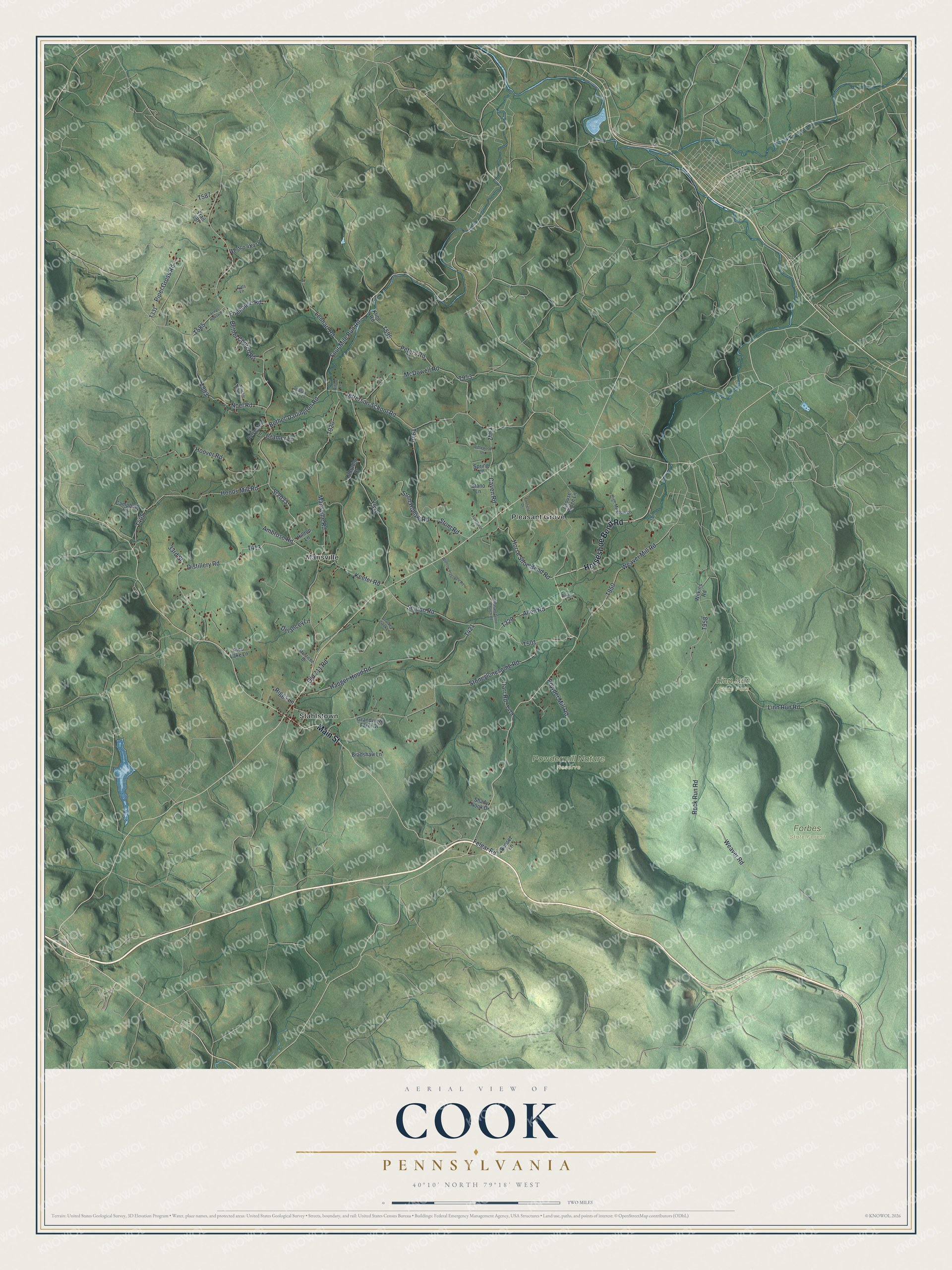 Full map of Cook, Pennsylvania, with red buildings, printed street names and the land around them