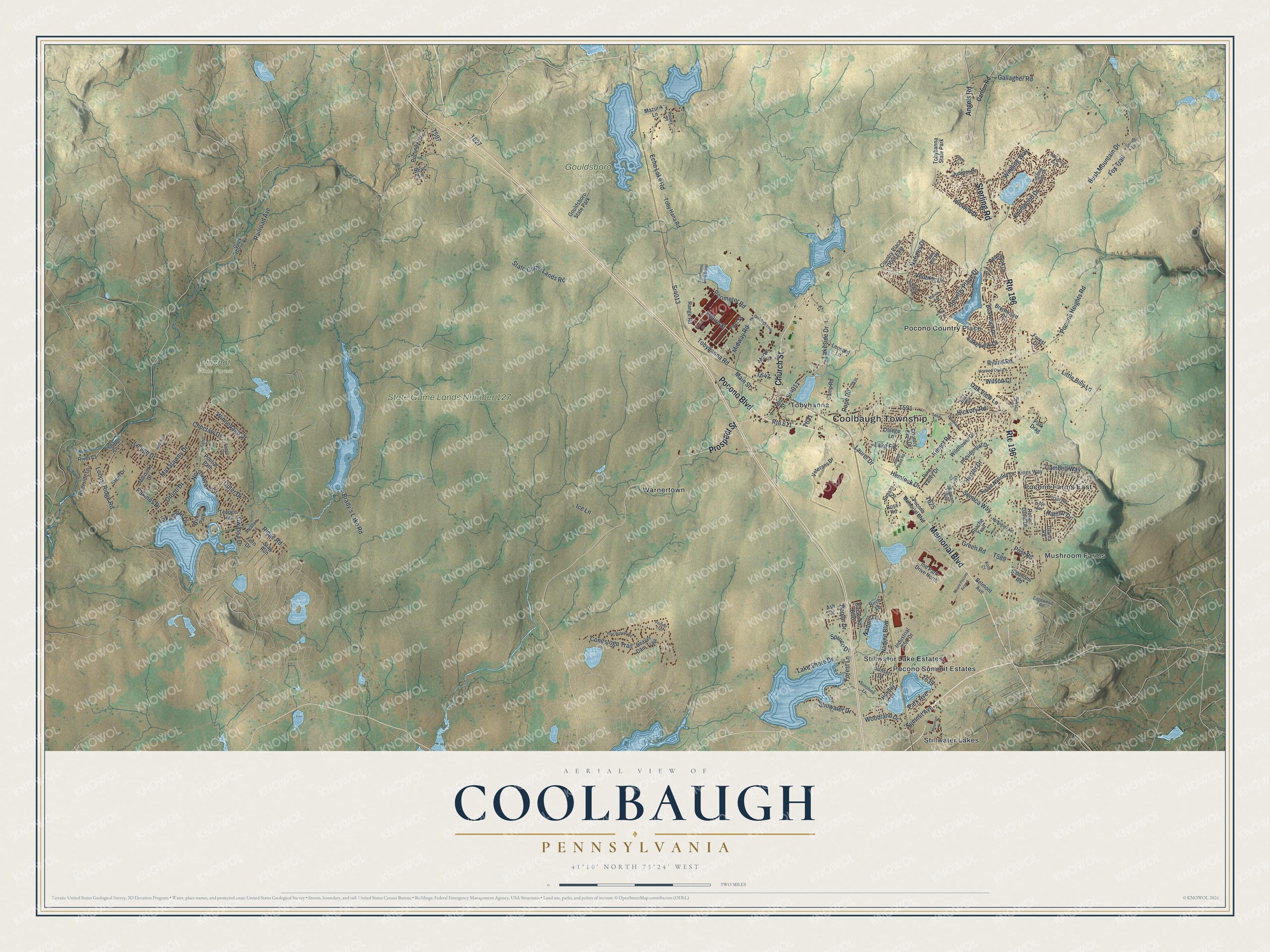 Full map of Coolbaugh, Pennsylvania, with red buildings, printed street names and the land around them