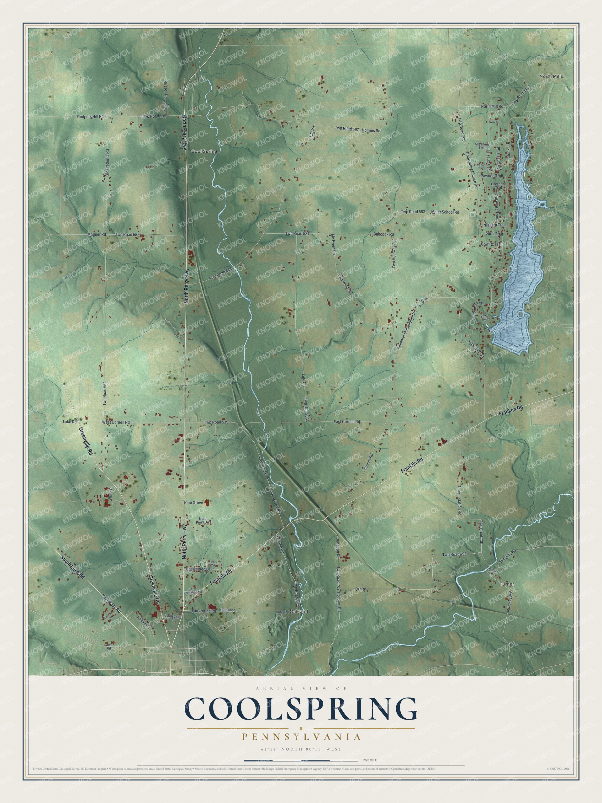 Full map of Coolspring, Pennsylvania, with red buildings, printed street names and the land around them