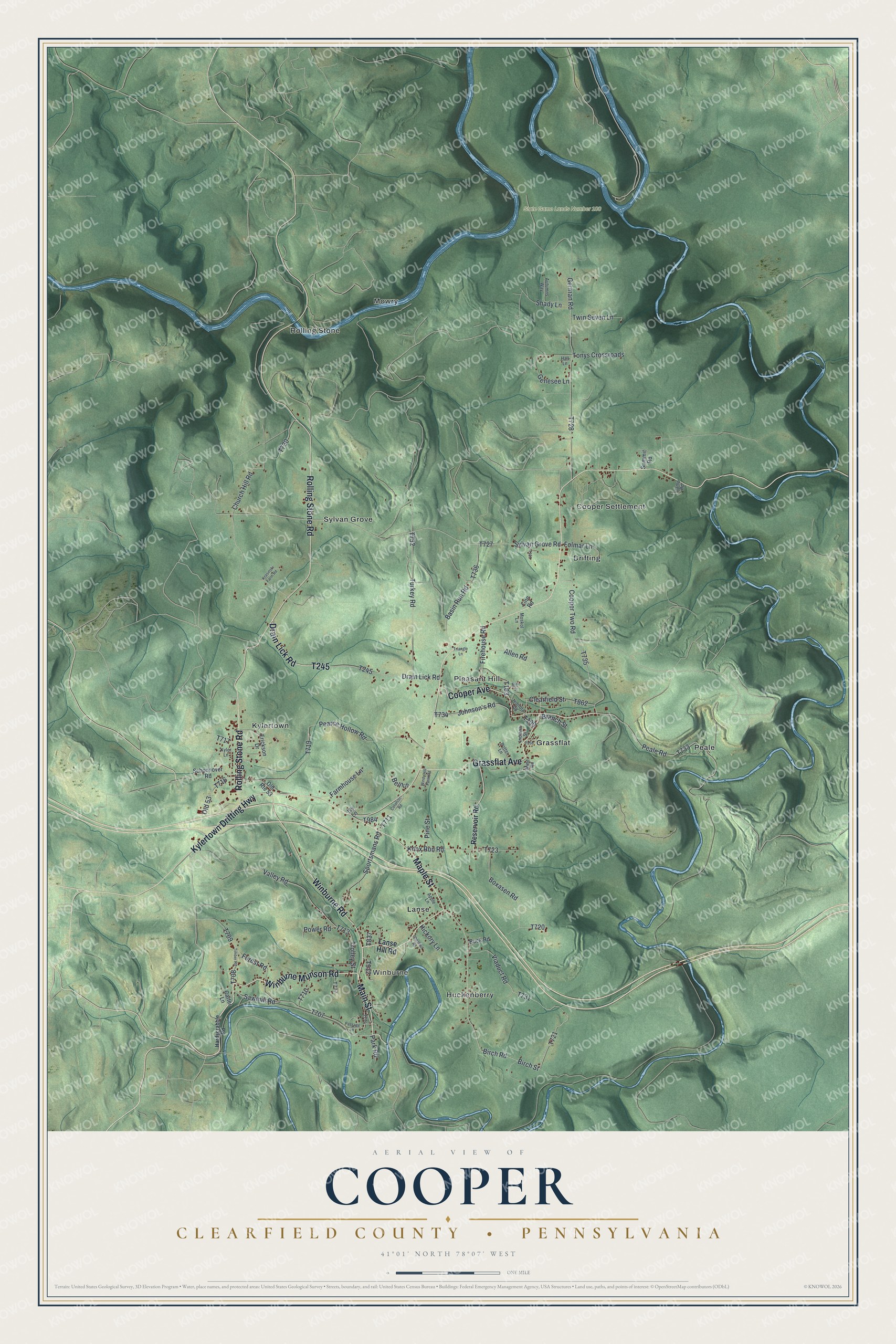 Full map of Cooper, Clearfield County, Pennsylvania, with red buildings, printed street names and the land around them