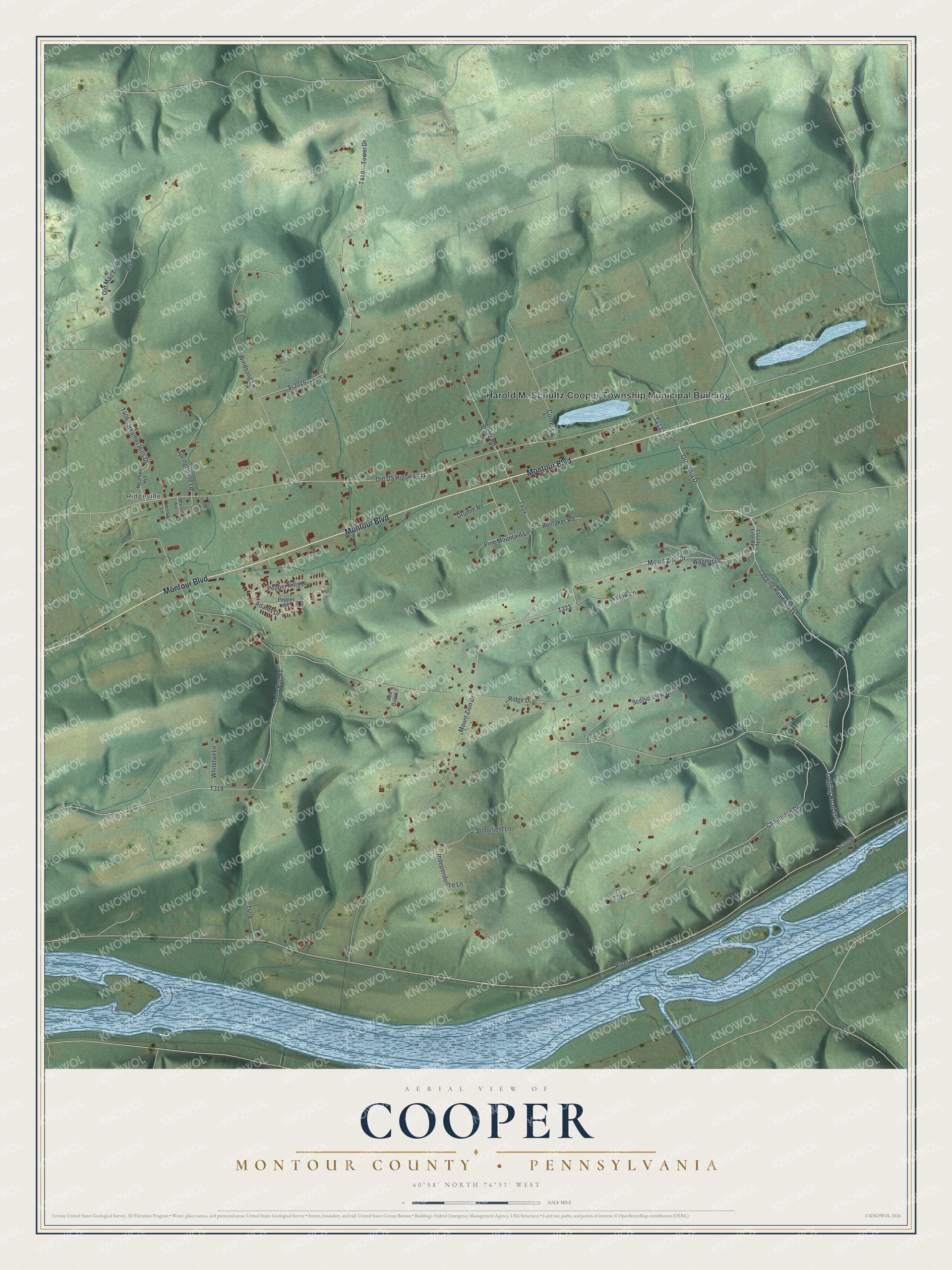 Full map of Cooper, Montour County, Pennsylvania, with red buildings, printed street names and the land around them