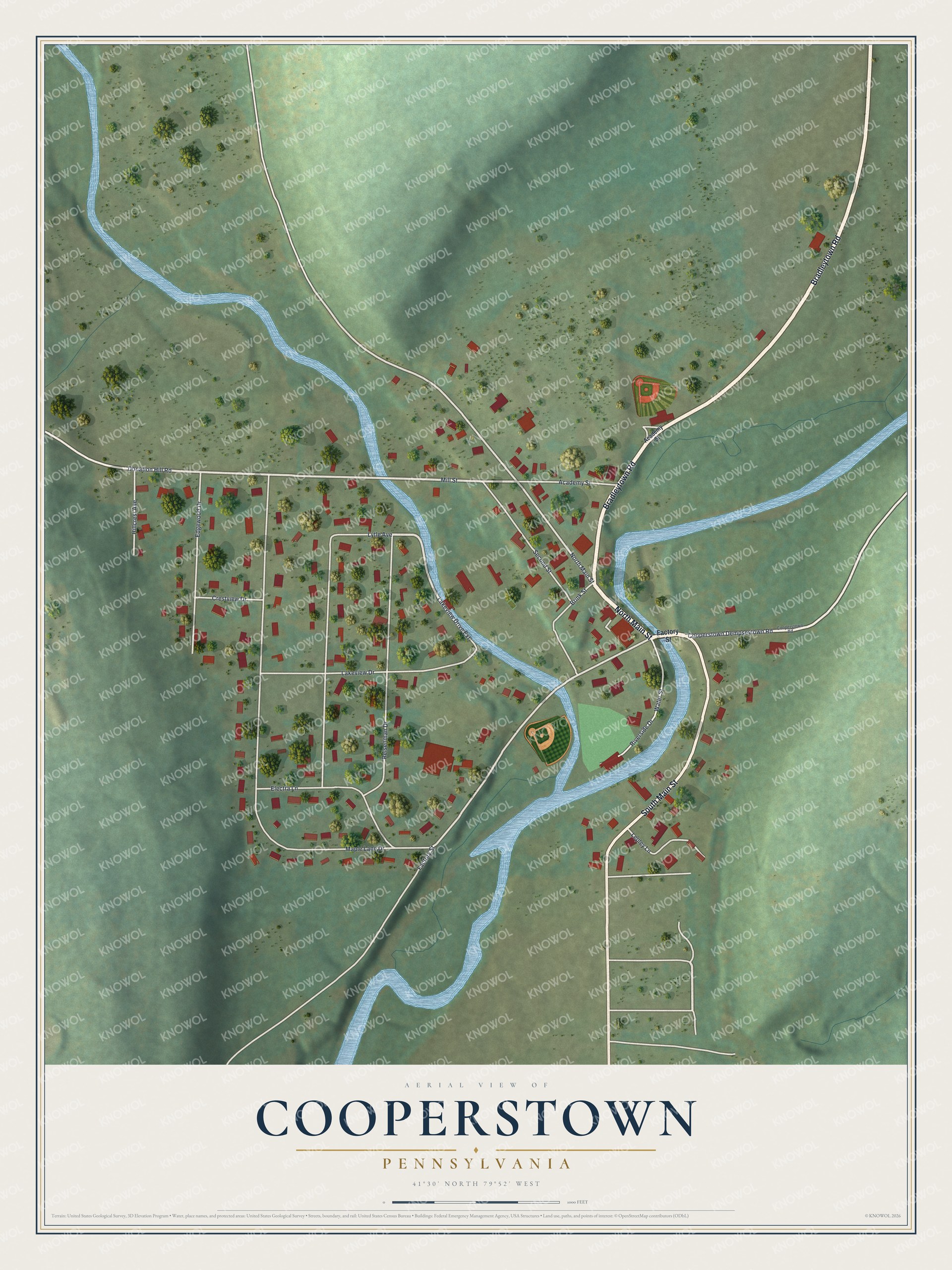 Full map of Cooperstown, Pennsylvania, with red buildings, printed street names and the land around them
