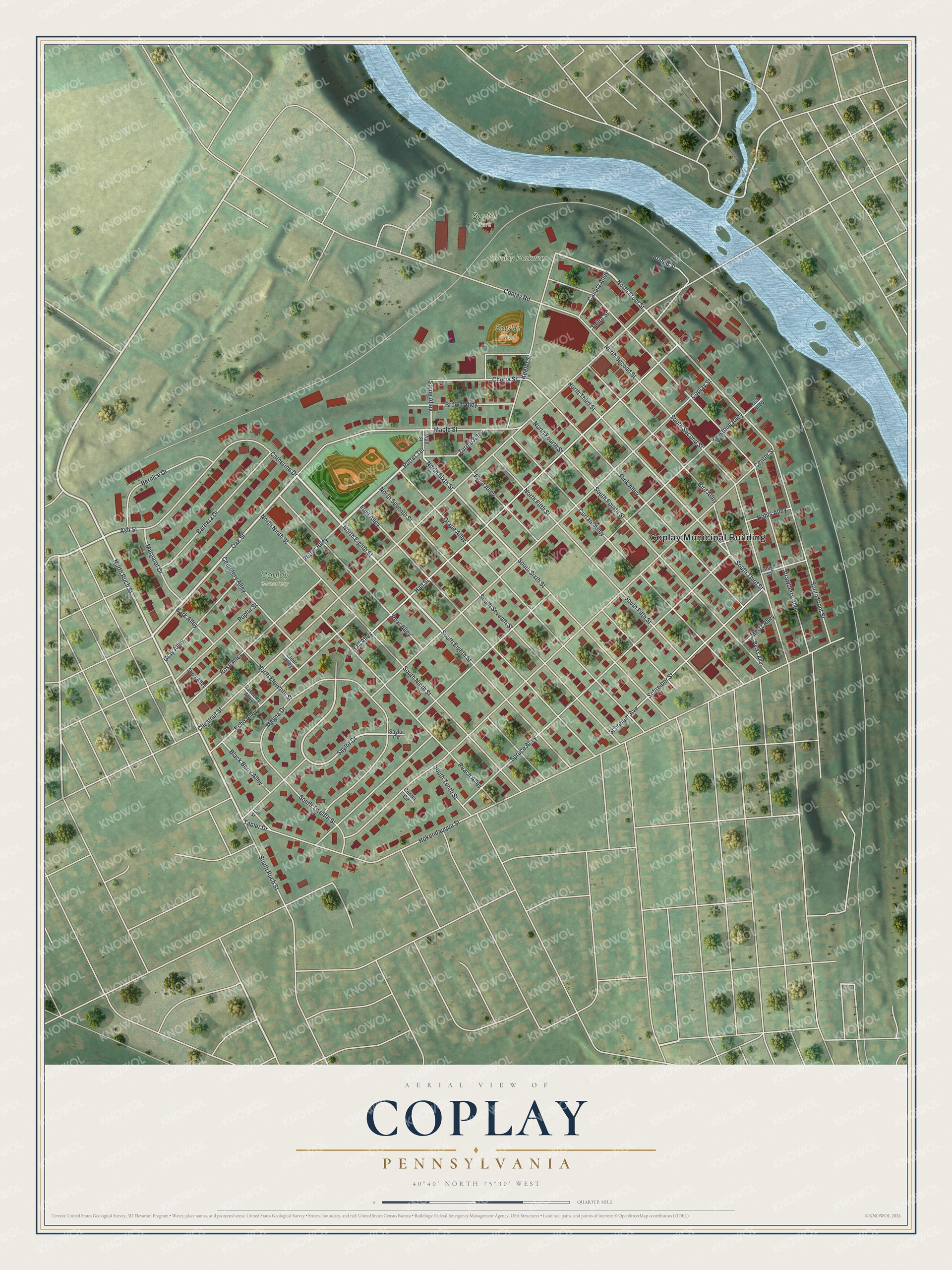 Map of Coplay, Pennsylvania with red buildings along its street grid, Saylor Field ball diamonds, Coplay Cemetery and the Lehigh River curving across the top right