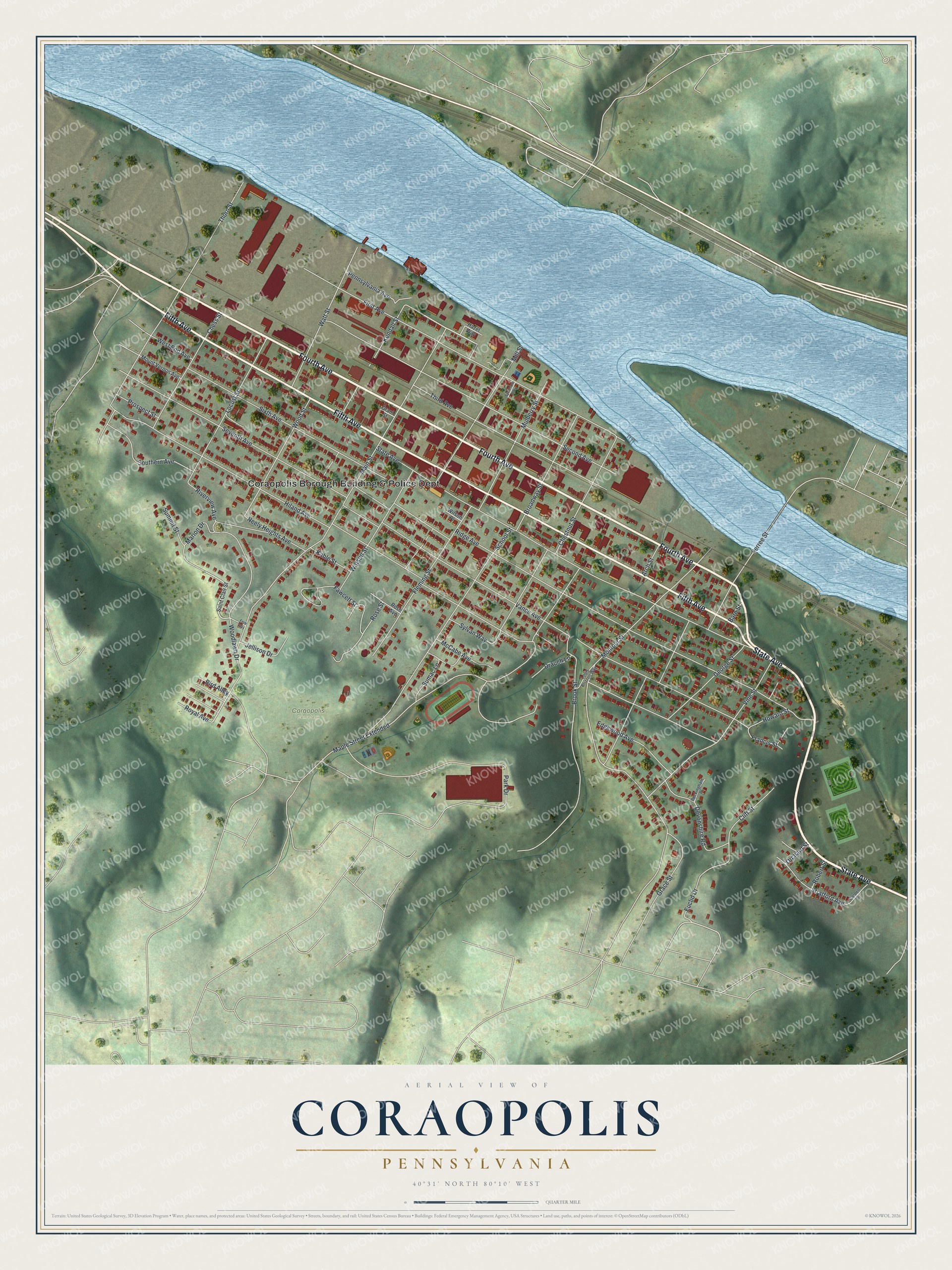 Full map of Coraopolis, Pennsylvania, with red buildings, printed street names and the land around them