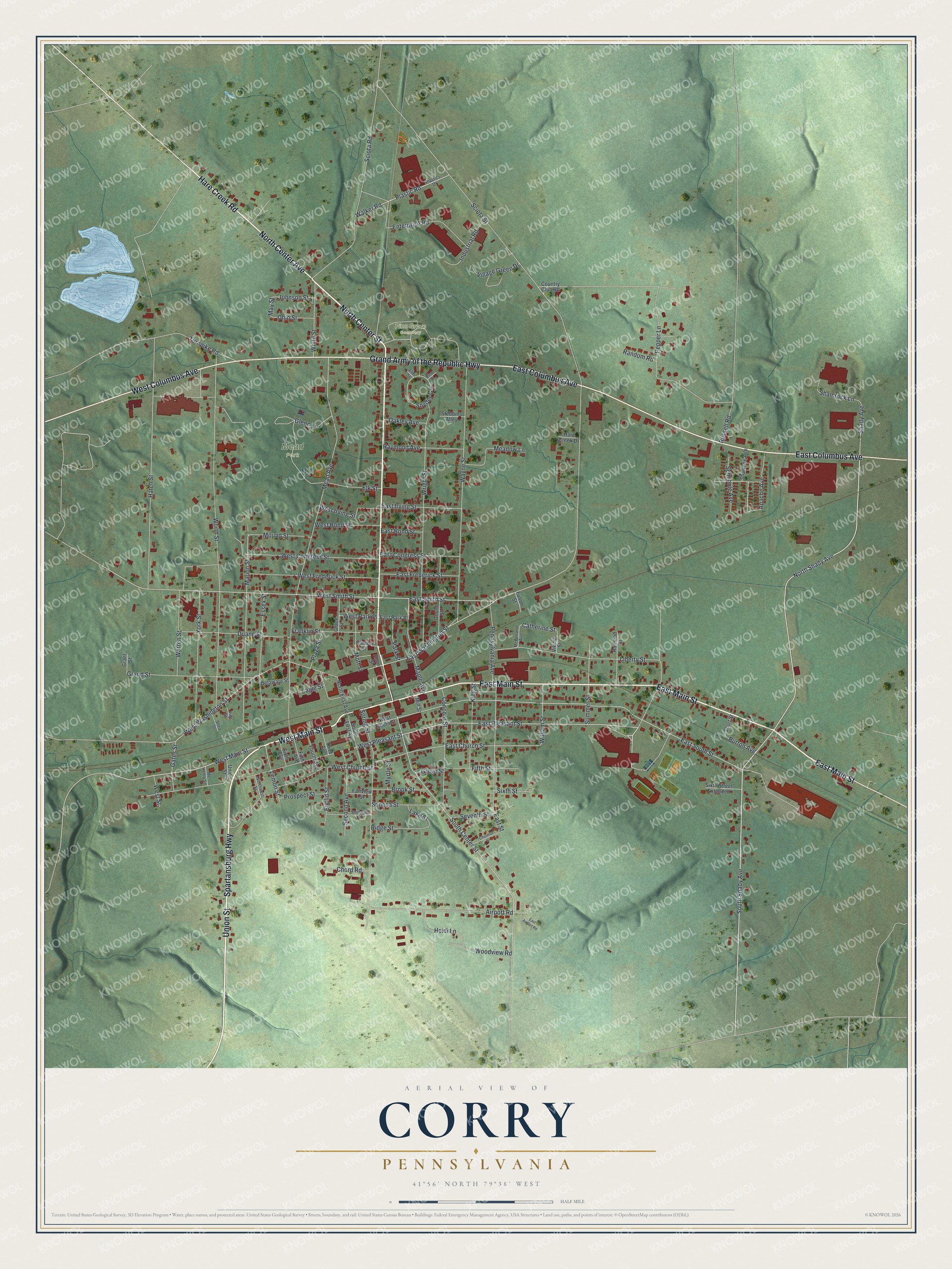 Full map of Corry, Pennsylvania, with red buildings, printed street names and the land around them