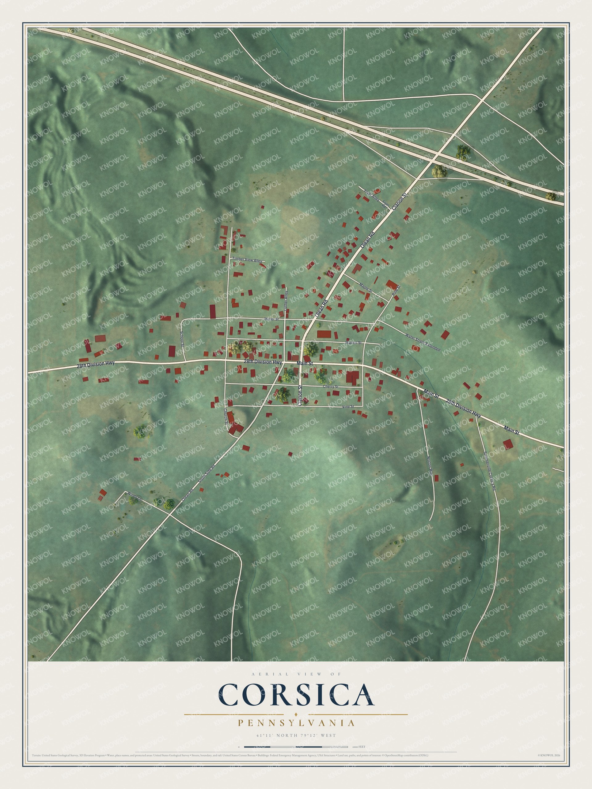 Full map of Corsica, Pennsylvania, with red buildings, printed street names and the land around them