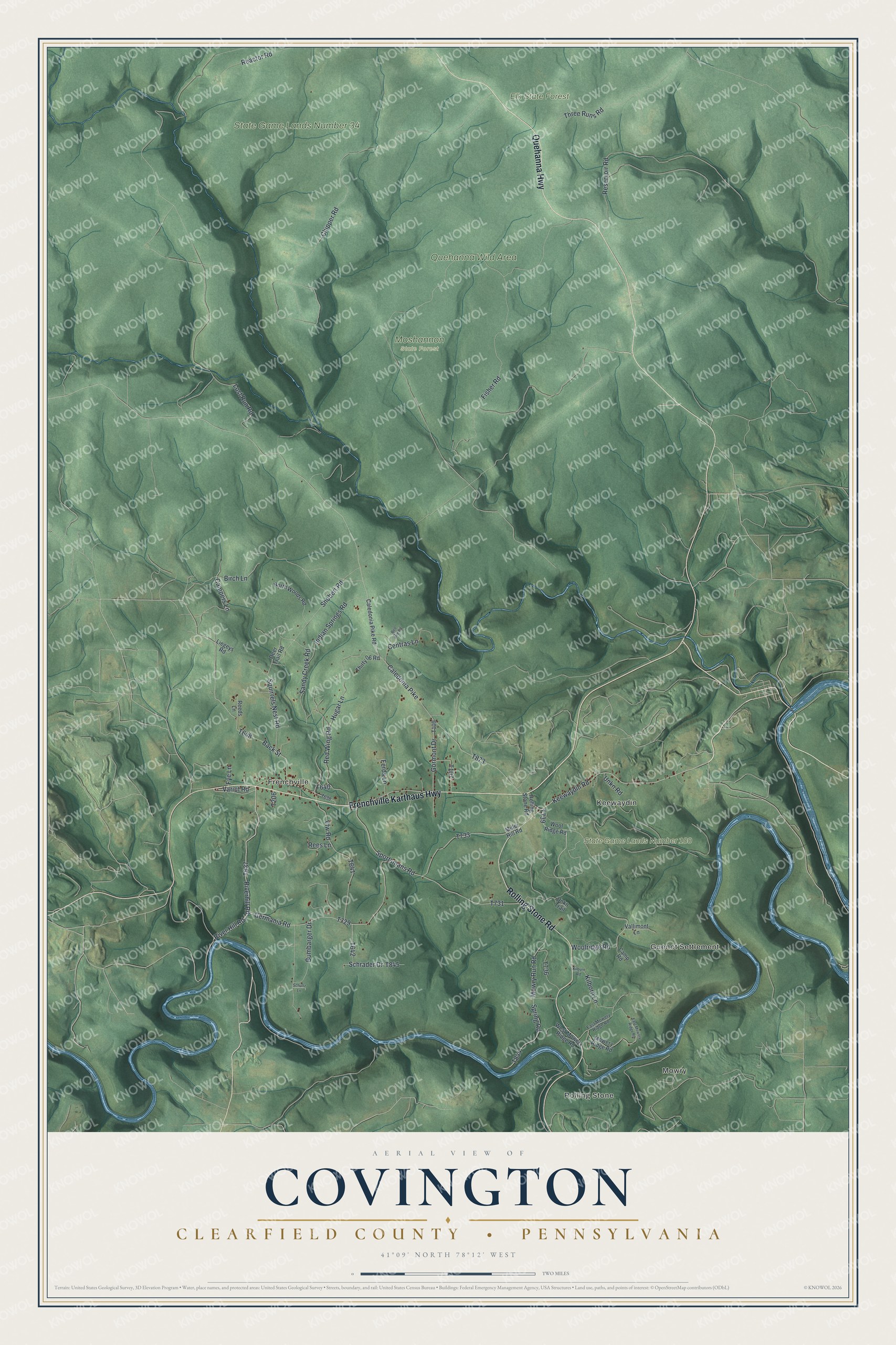 Full map of Covington, Clearfield County, Pennsylvania, with red buildings, printed street names and the land around them