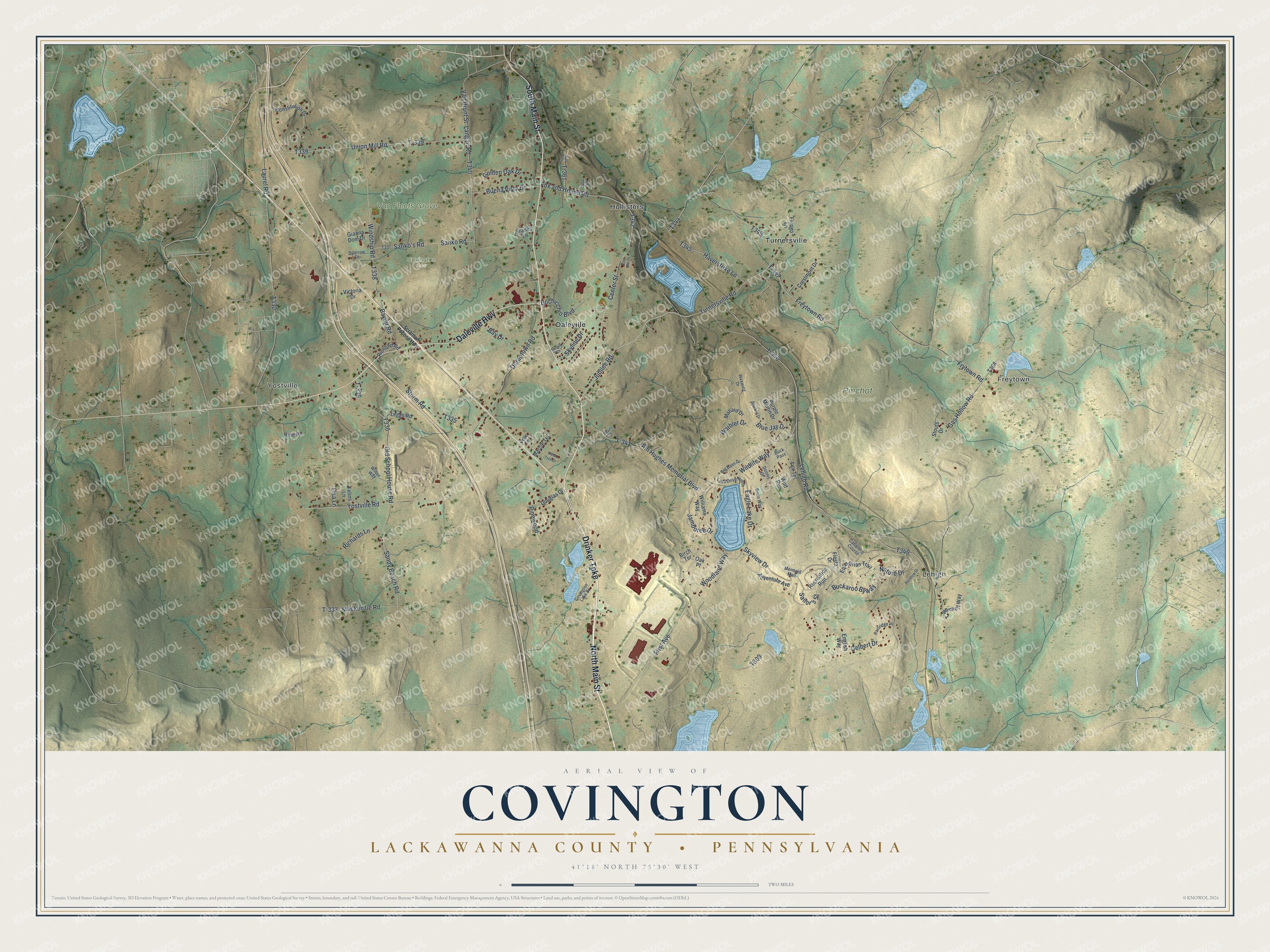 Full map of Covington, Lackawanna County, Pennsylvania, with red buildings, printed street names and the land around them