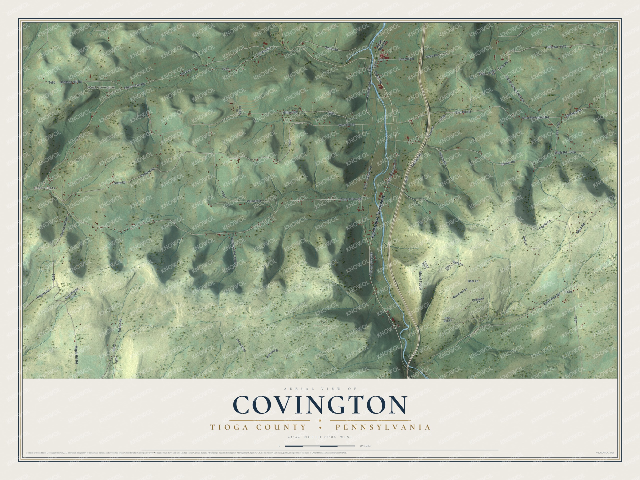 Full map of Covington, Tioga County, Pennsylvania, with red buildings, printed street names and the land around them
