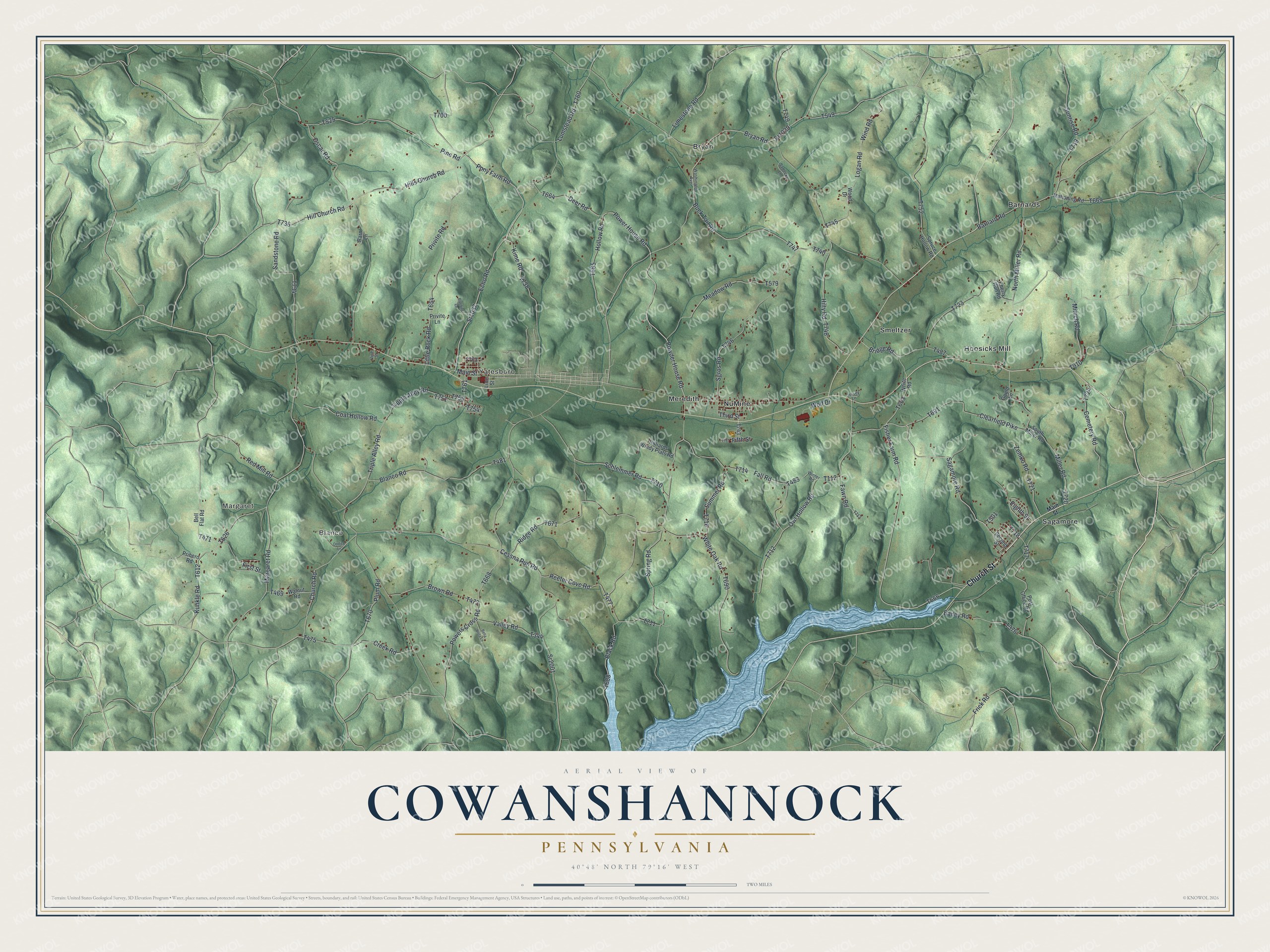 Full map of Cowanshannock, Pennsylvania, with red buildings, printed street names and the land around them