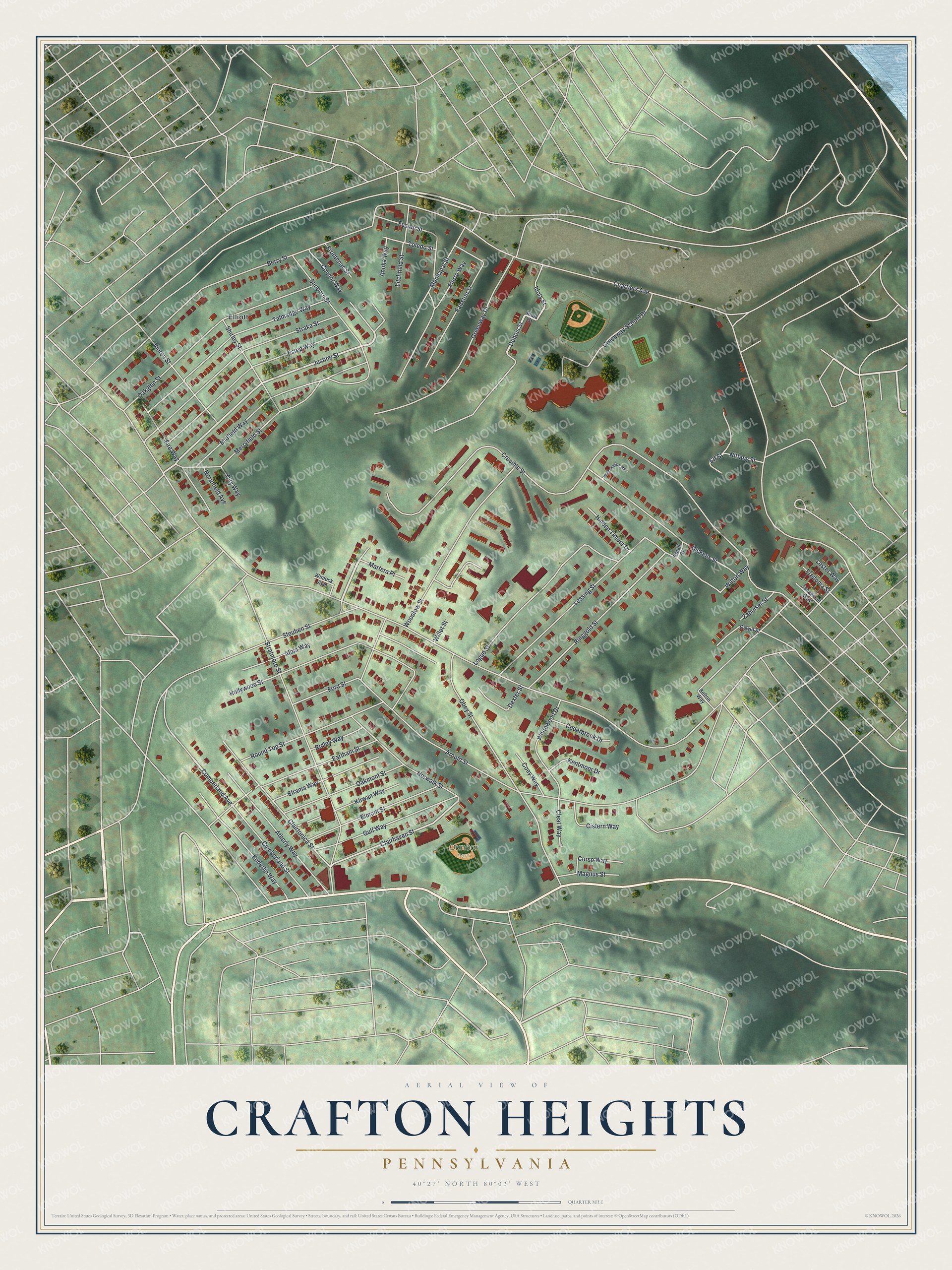 Aerial style map of Crafton Heights in Pittsburgh with red buildings on green wooded hills and a blue river in the top corner