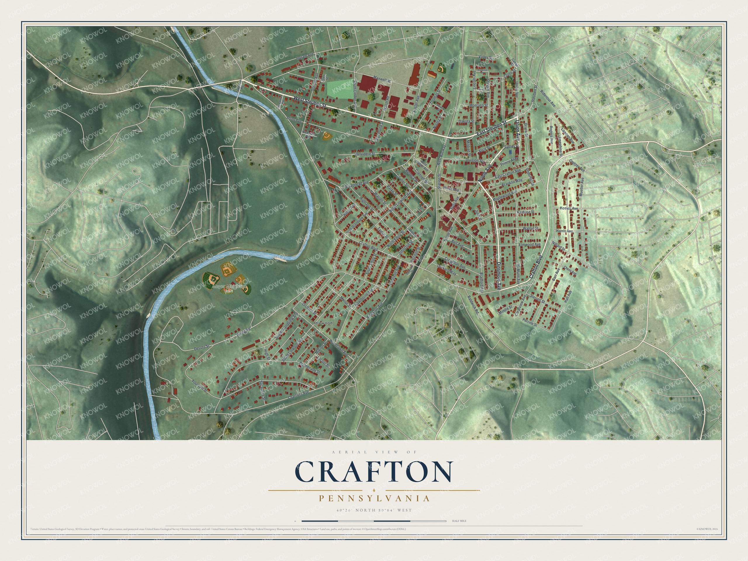 Aerial view map of Crafton, Pennsylvania with green hills, a winding blue creek and red buildings along West Steuben Street