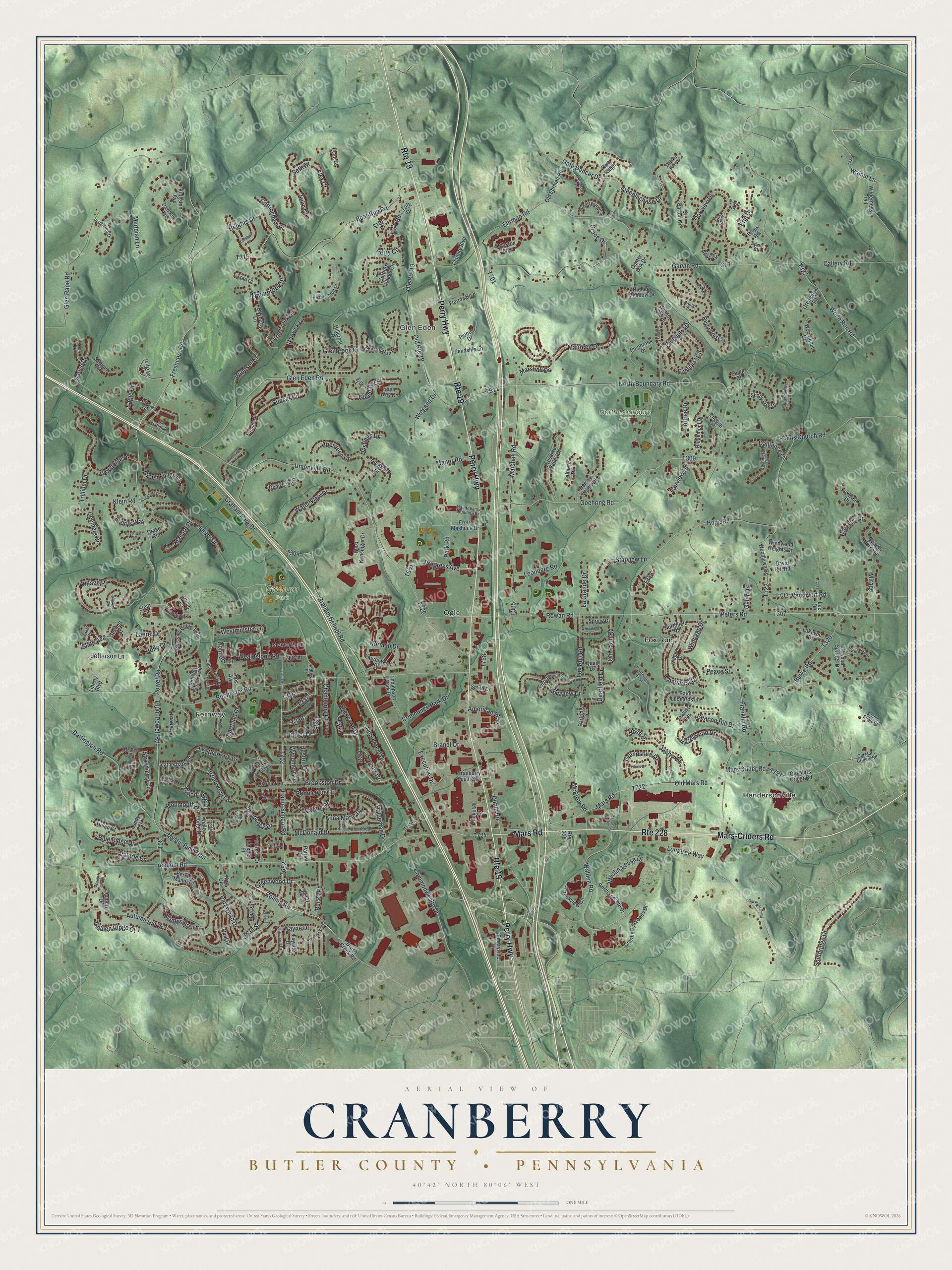 Full map of Cranberry, Butler County, Pennsylvania, with red buildings, printed street names and the land around them