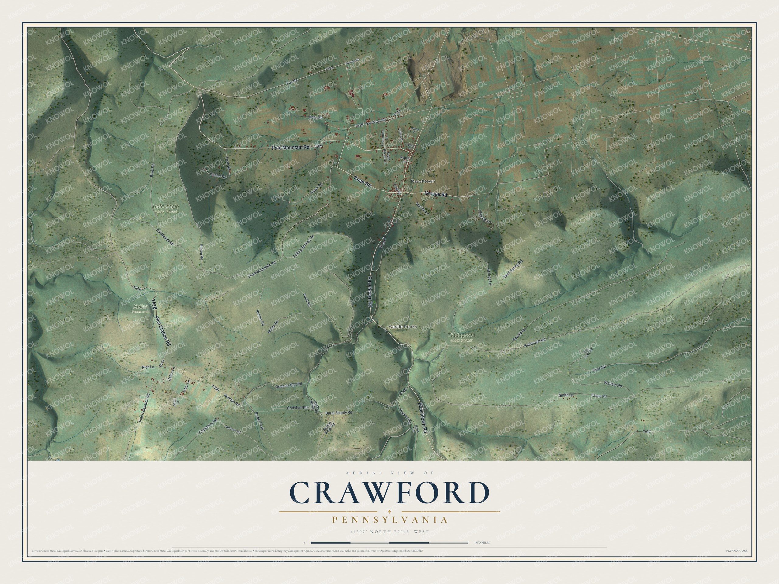 Full map of Crawford, Pennsylvania, with red buildings, printed street names and the land around them