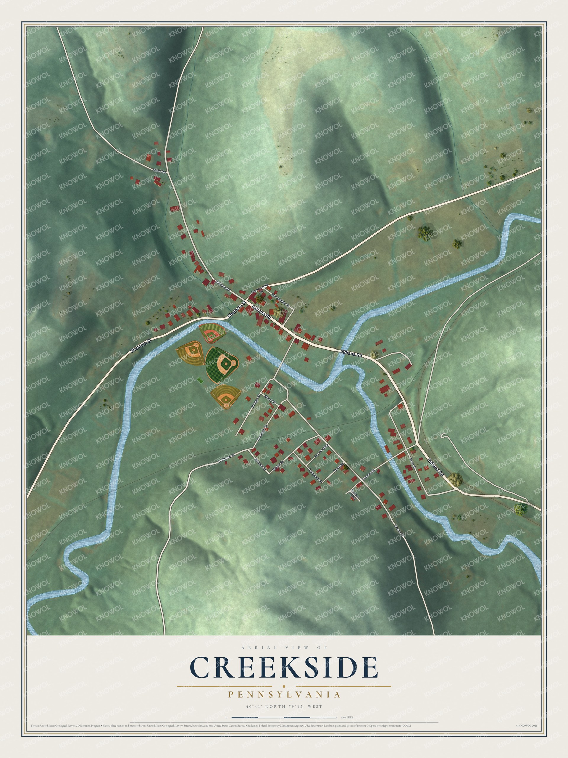 Full map of Creekside, Pennsylvania, with red buildings, printed street names and the land around them