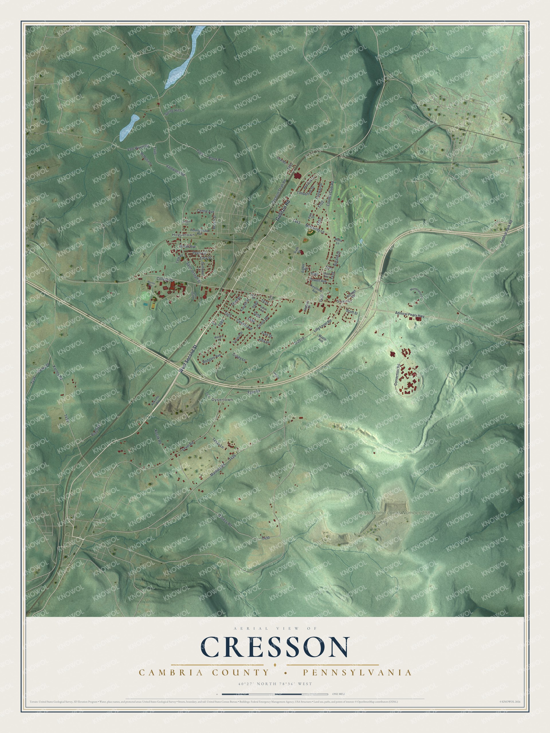 Full map of Cresson Township, Pennsylvania, with red buildings, printed street names and the land around them