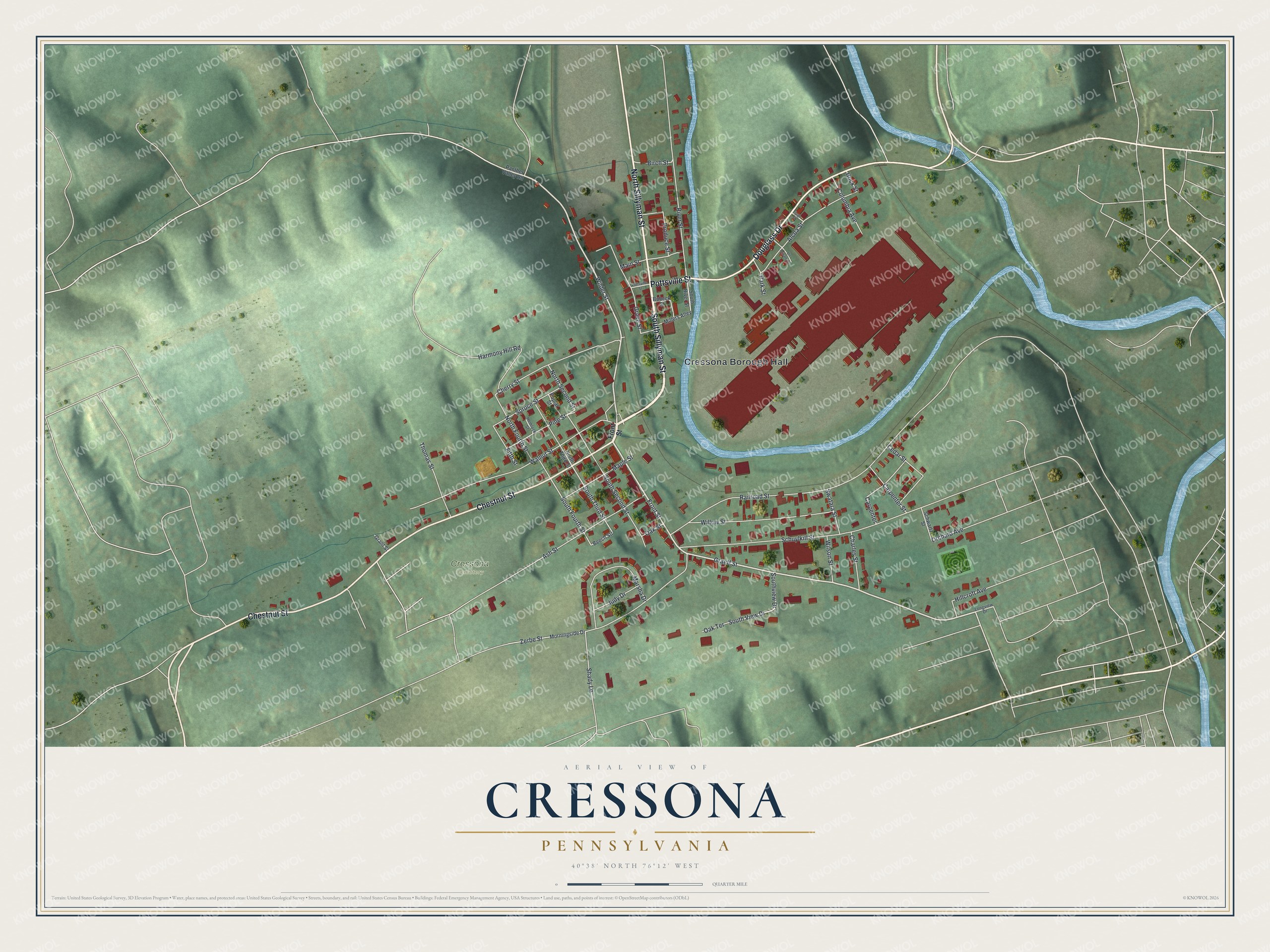 Full map of Cressona, Pennsylvania, with red buildings, printed street names and the land around them