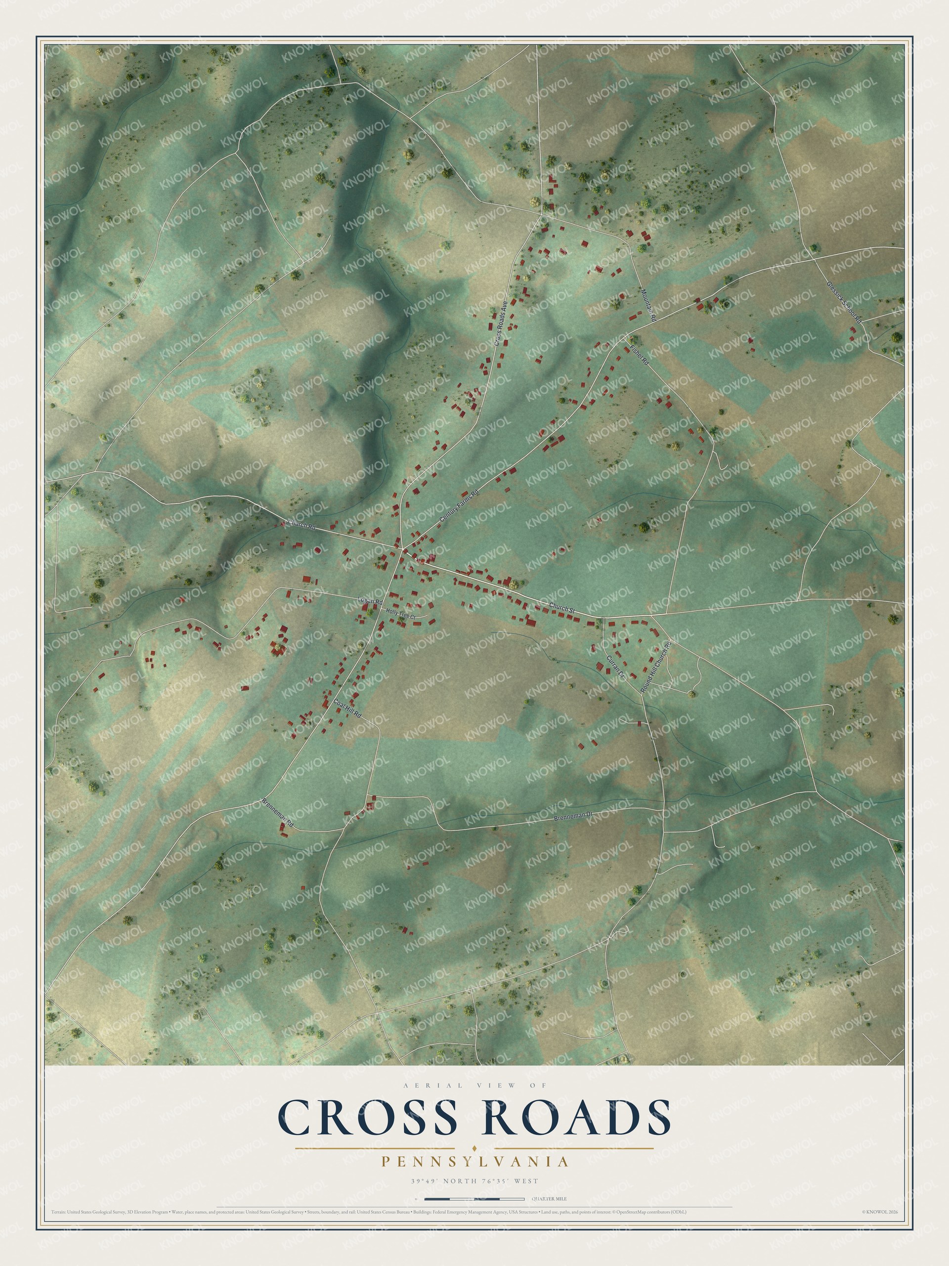 Full map of Cross Roads, Pennsylvania, with red buildings, printed street names and the land around them